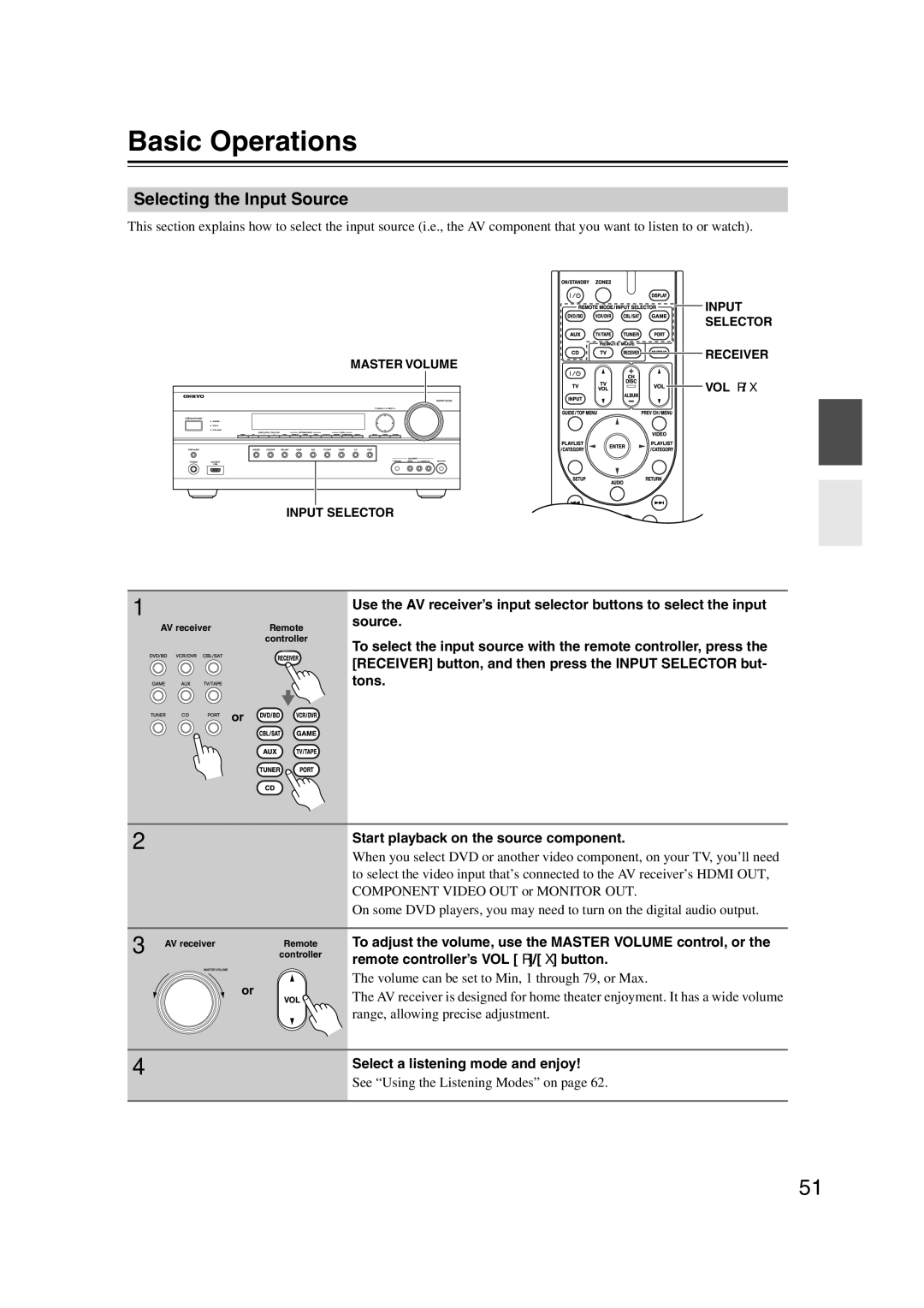 Onkyo SR607 instruction manual Basic Operations, Selecting the Input Source, Select a listening mode and enjoy, VOL q/w 