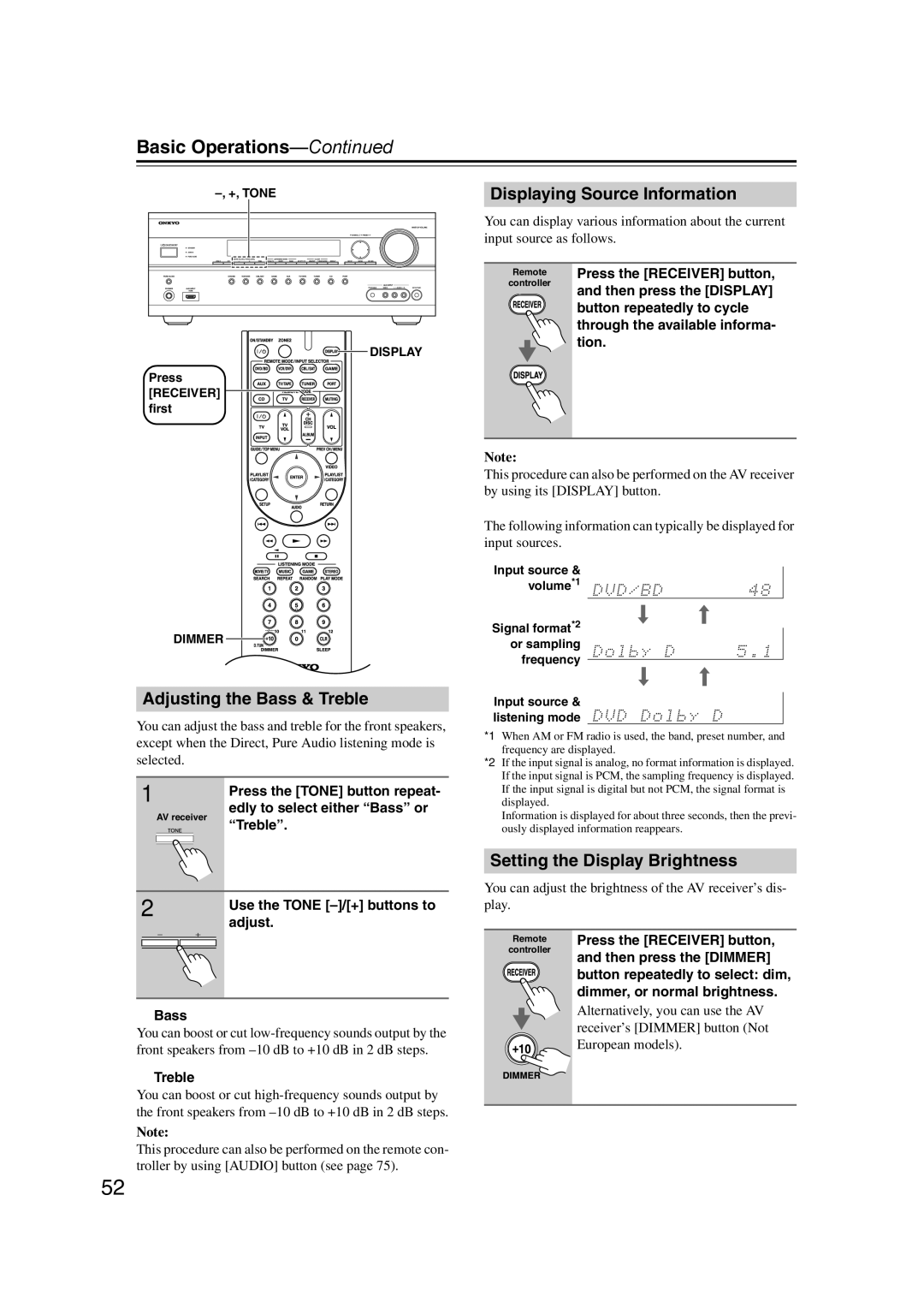 Onkyo SR607 Basic Operations, Adjusting the Bass & Treble, Displaying Source Information, Setting the Display Brightness 