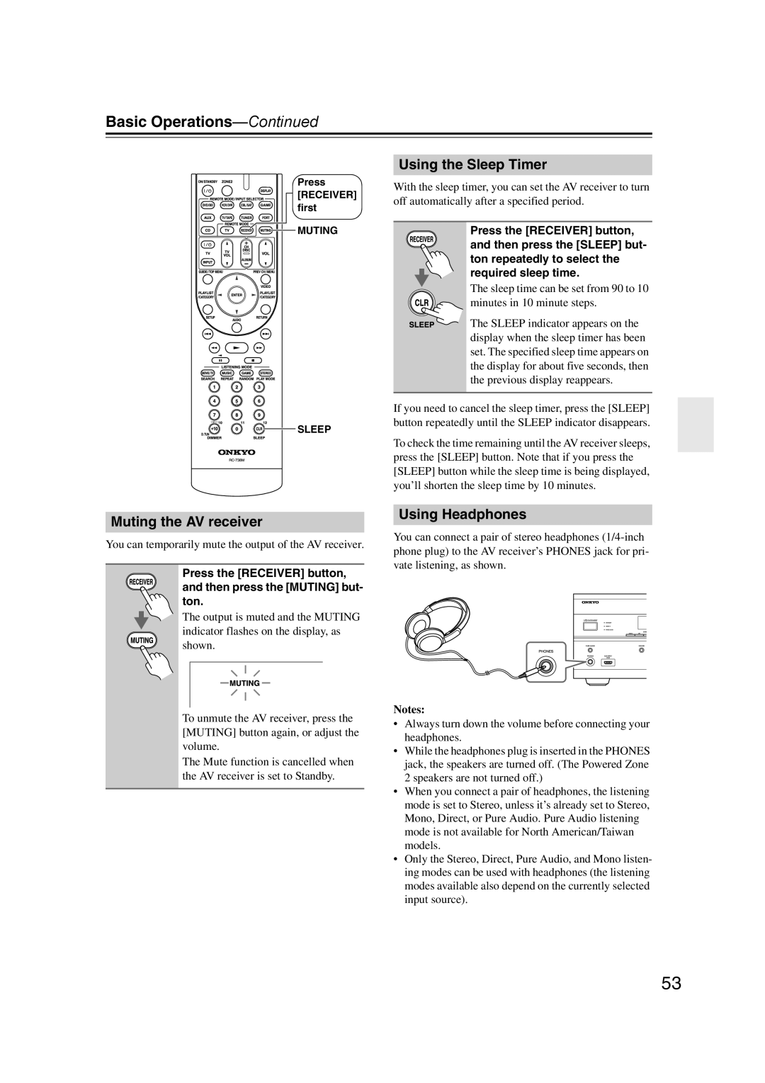 Onkyo SR607 instruction manual Using the Sleep Timer, Muting the AV receiver, Using Headphones 