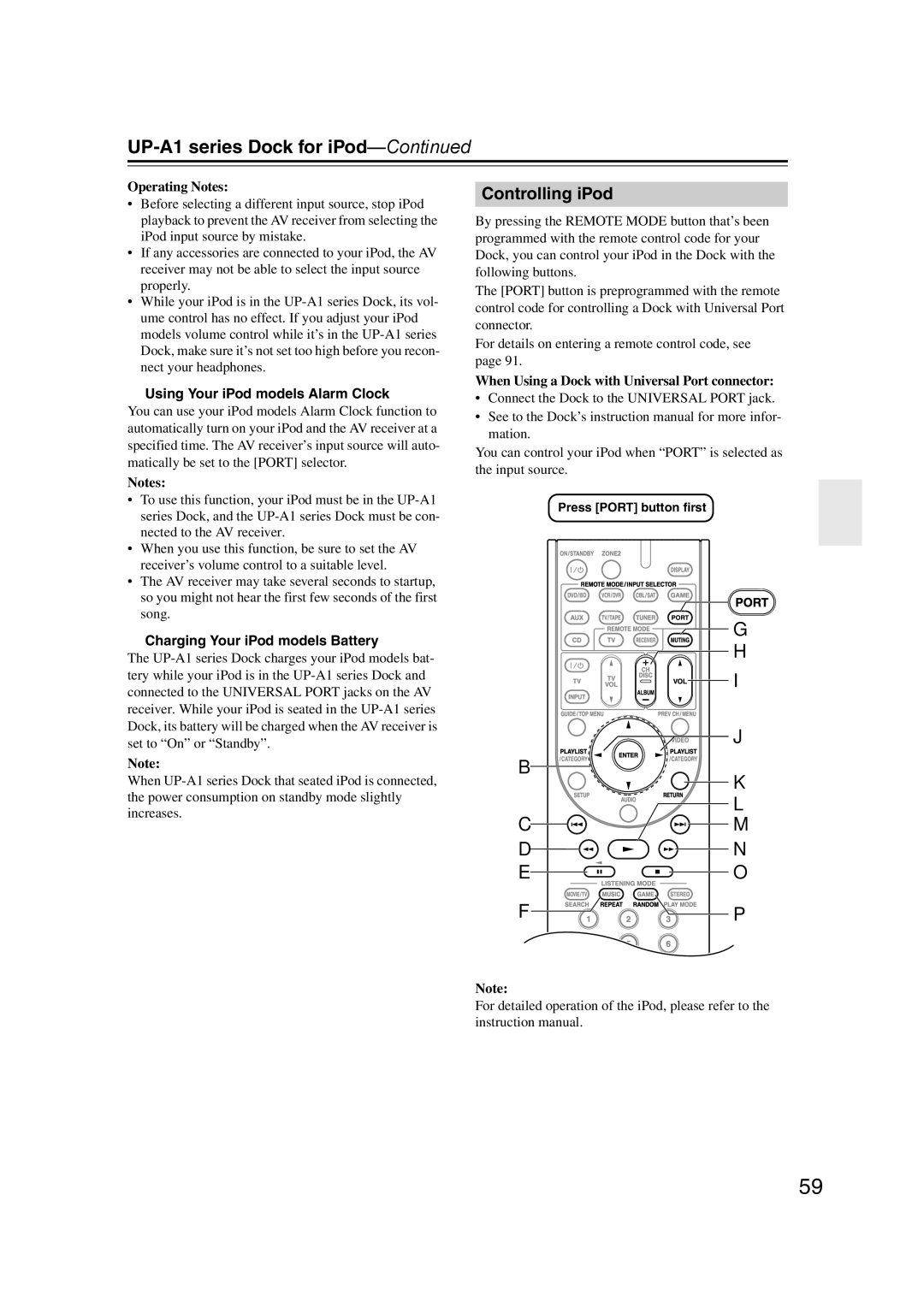 Onkyo SR607 instruction manual UP-A1 series Dock for iPod, Controlling iPod, Using Your iPod models Alarm Clock 