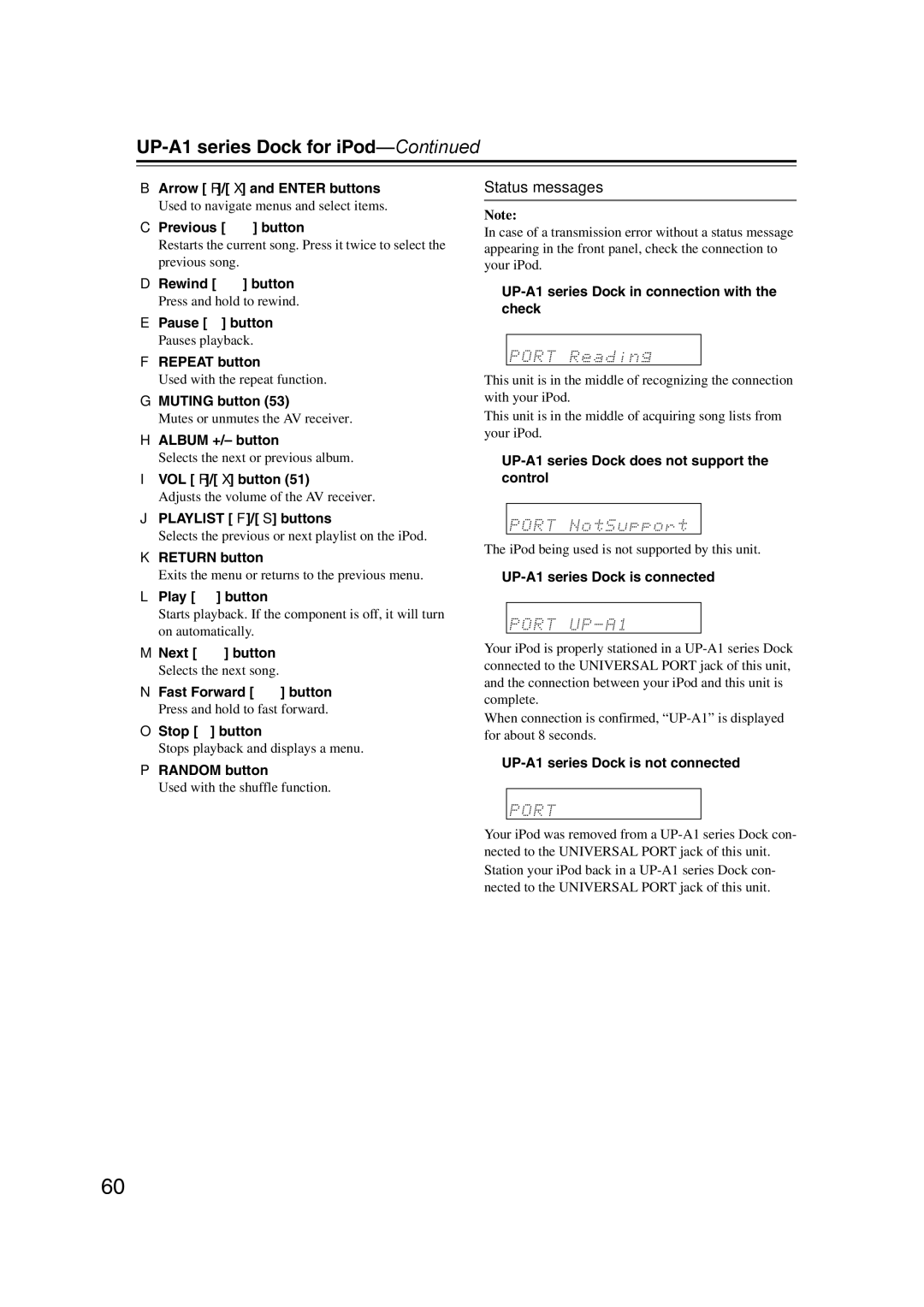 Onkyo SR607 instruction manual Status messages 