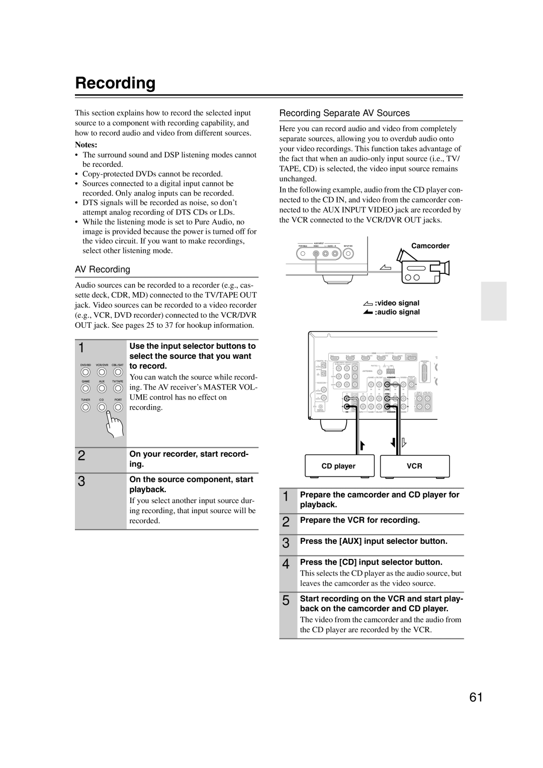 Onkyo SR607 instruction manual AV Recording Recording Separate AV Sources 