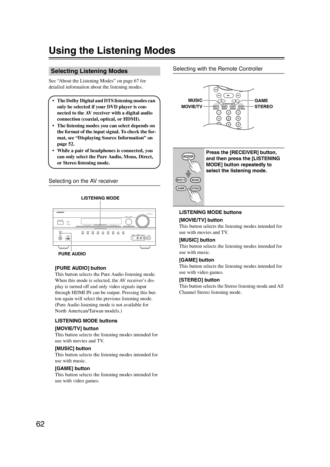 Onkyo SR607 instruction manual Using the Listening Modes, Selecting Listening Modes, Selecting on the AV receiver 