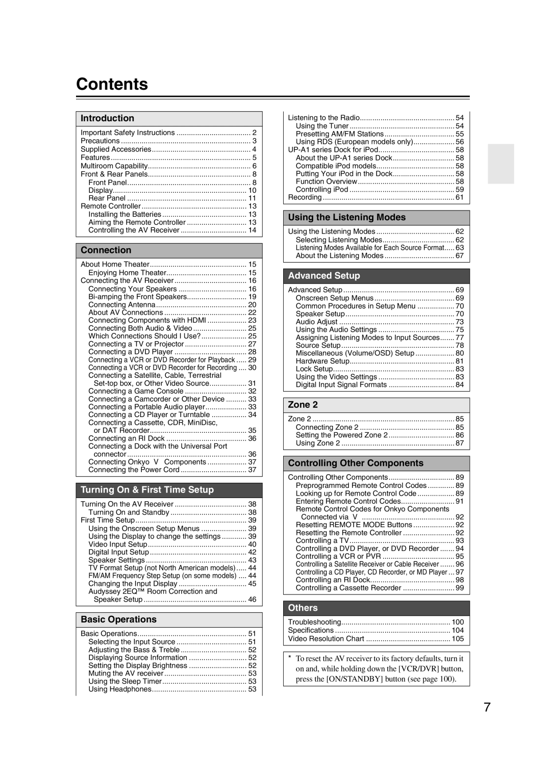 Onkyo SR607 instruction manual Contents 