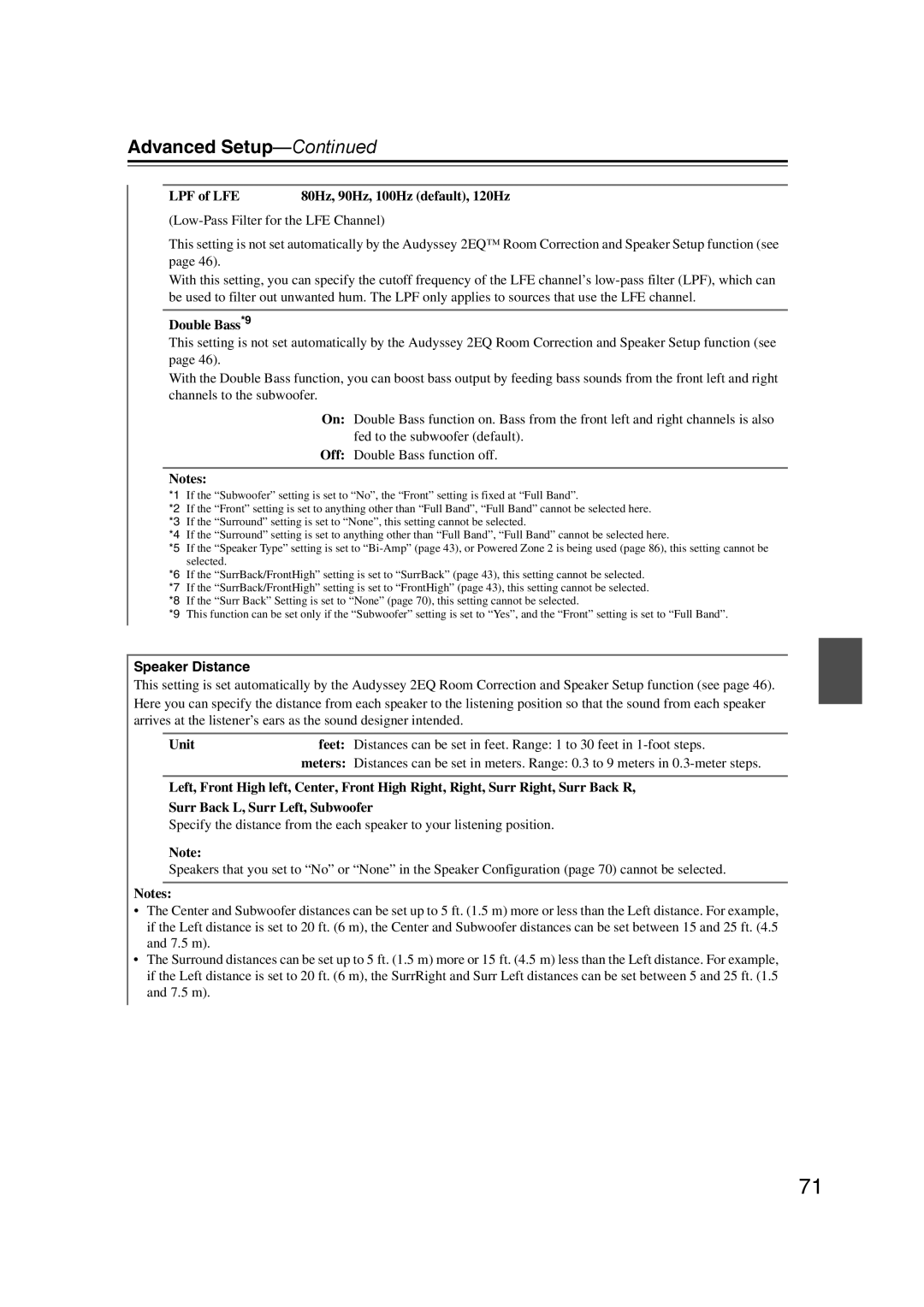 Onkyo SR607 instruction manual LPF of LFE, Double Bass*9, Speaker Distance, Unit Feet, Meters 