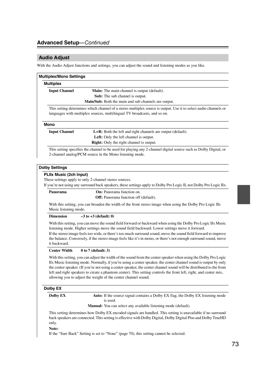 Onkyo SR607 instruction manual Audio Adjust, Multiplex/Mono Settings, Dolby Settings PLIIx Music 2ch Input, Dolby EX 