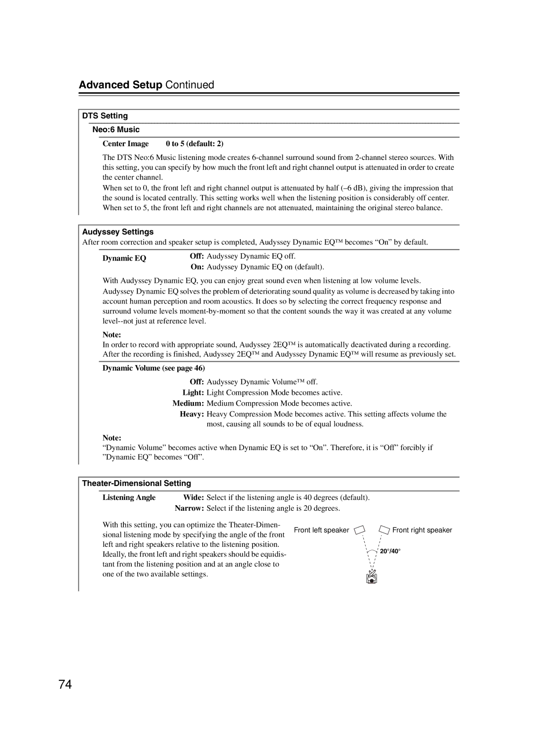 Onkyo SR607 instruction manual DTS Setting Neo6 Music, Audyssey Settings, Theater-Dimensional Setting 