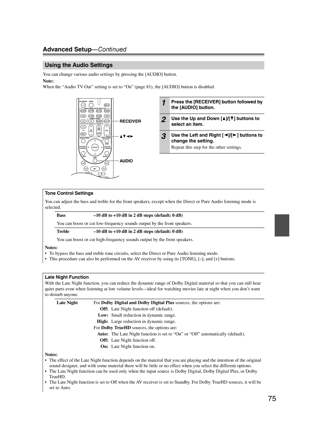 Onkyo SR607 instruction manual Using the Audio Settings 