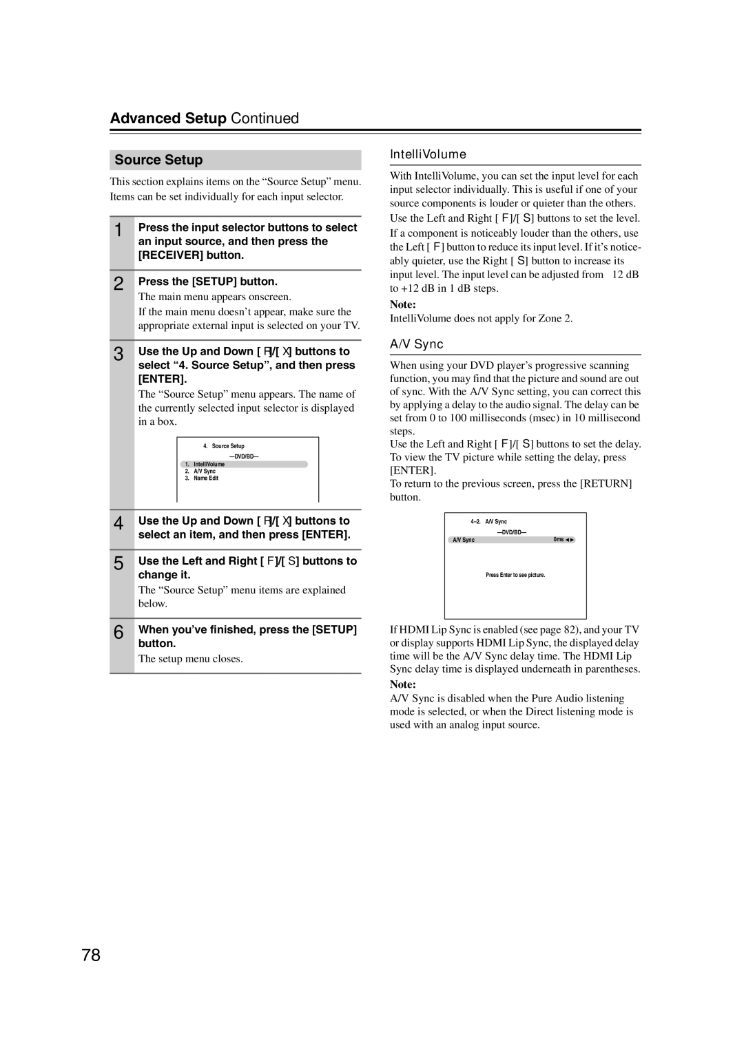 Onkyo SR607 instruction manual Source Setup, IntelliVolume, Sync 