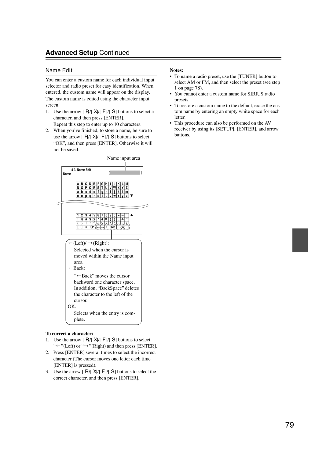 Onkyo SR607 instruction manual Name Edit, To correct a character 