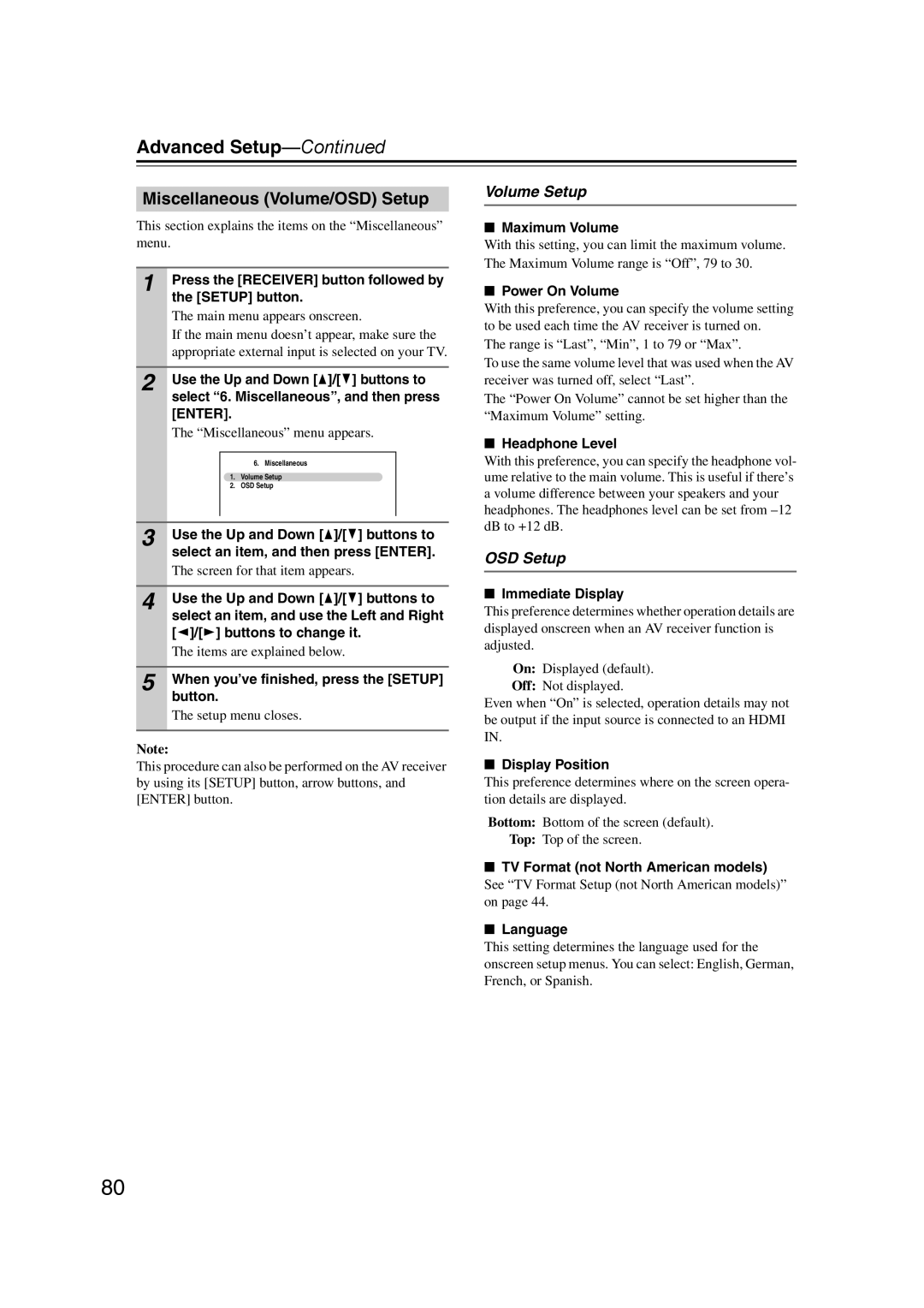 Onkyo SR607 instruction manual Miscellaneous Volume/OSD Setup, Volume Setup 