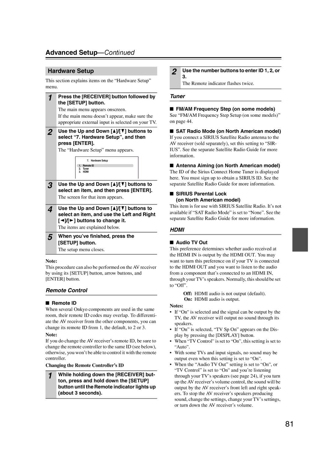 Onkyo SR607 instruction manual Hardware Setup, Remote Control, Tuner 