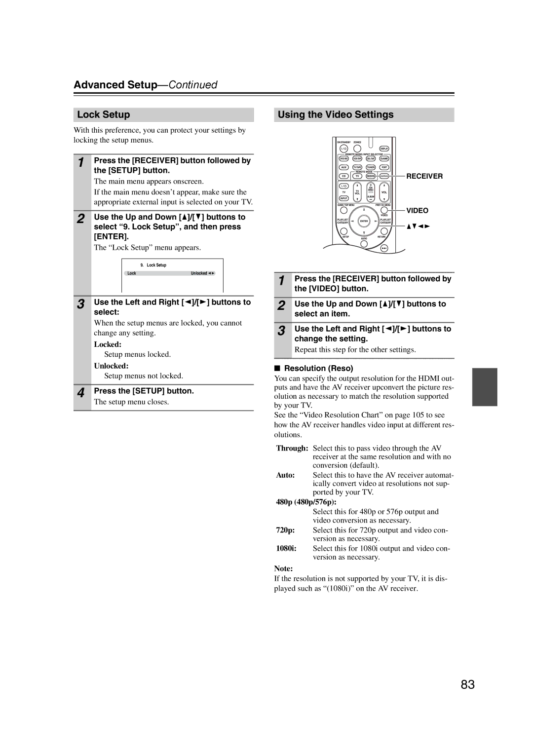 Onkyo SR607 instruction manual Lock Setup, Using the Video Settings 