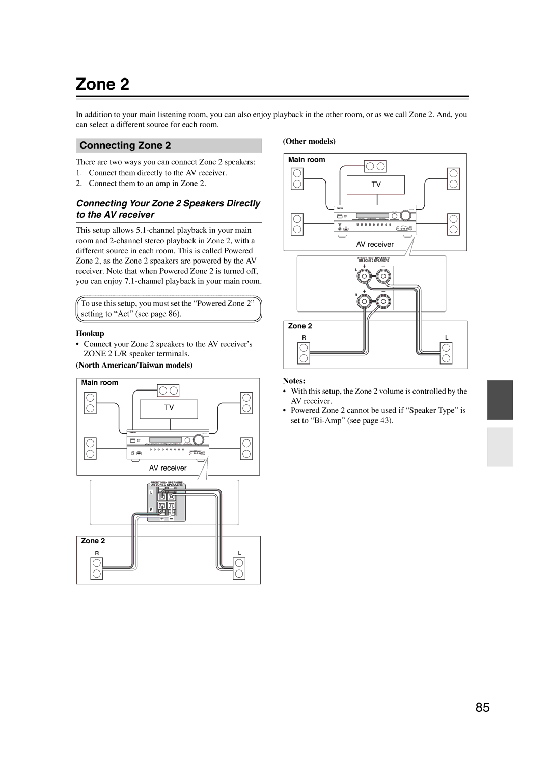 Onkyo SR607 instruction manual Connecting Zone, Connecting Your Zone 2 Speakers Directly to the AV receiver, Hookup 