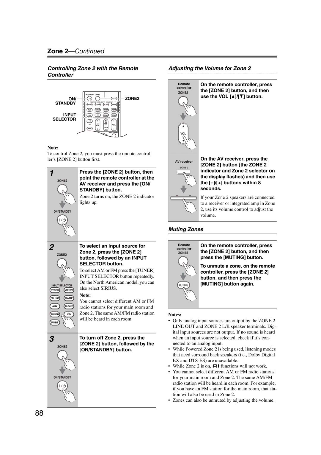 Onkyo SR607 instruction manual Controlling Zone 2 with the Remote Controller, Adjusting the Volume for Zone, Muting Zones 