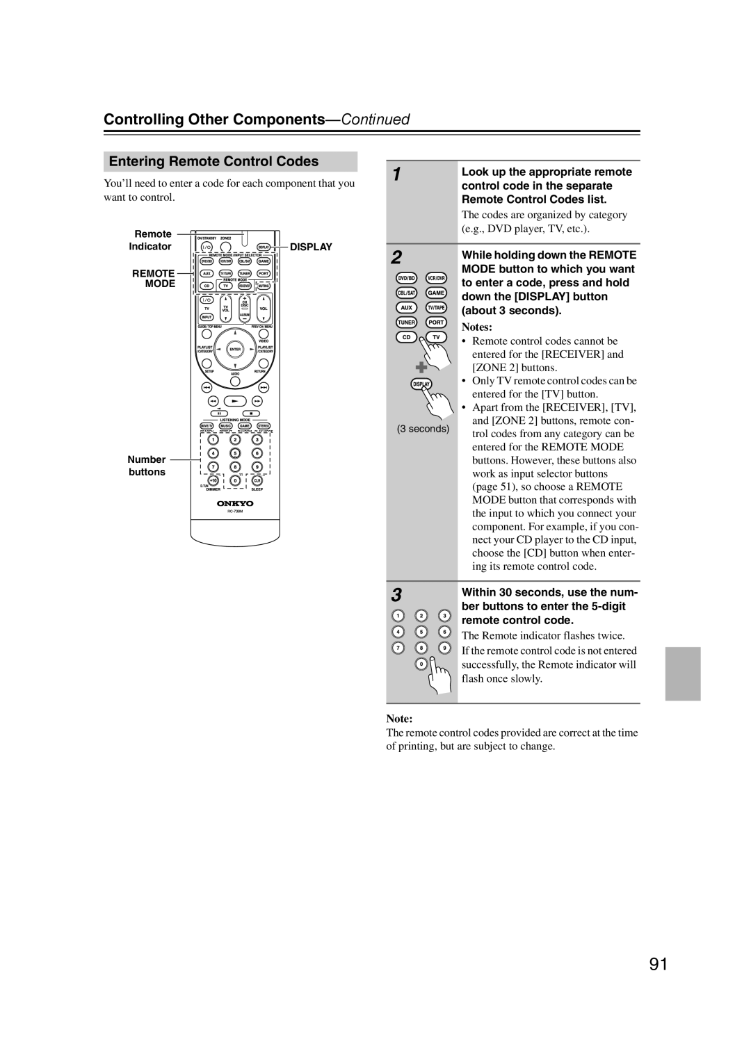 Onkyo SR607 instruction manual Entering Remote Control Codes 