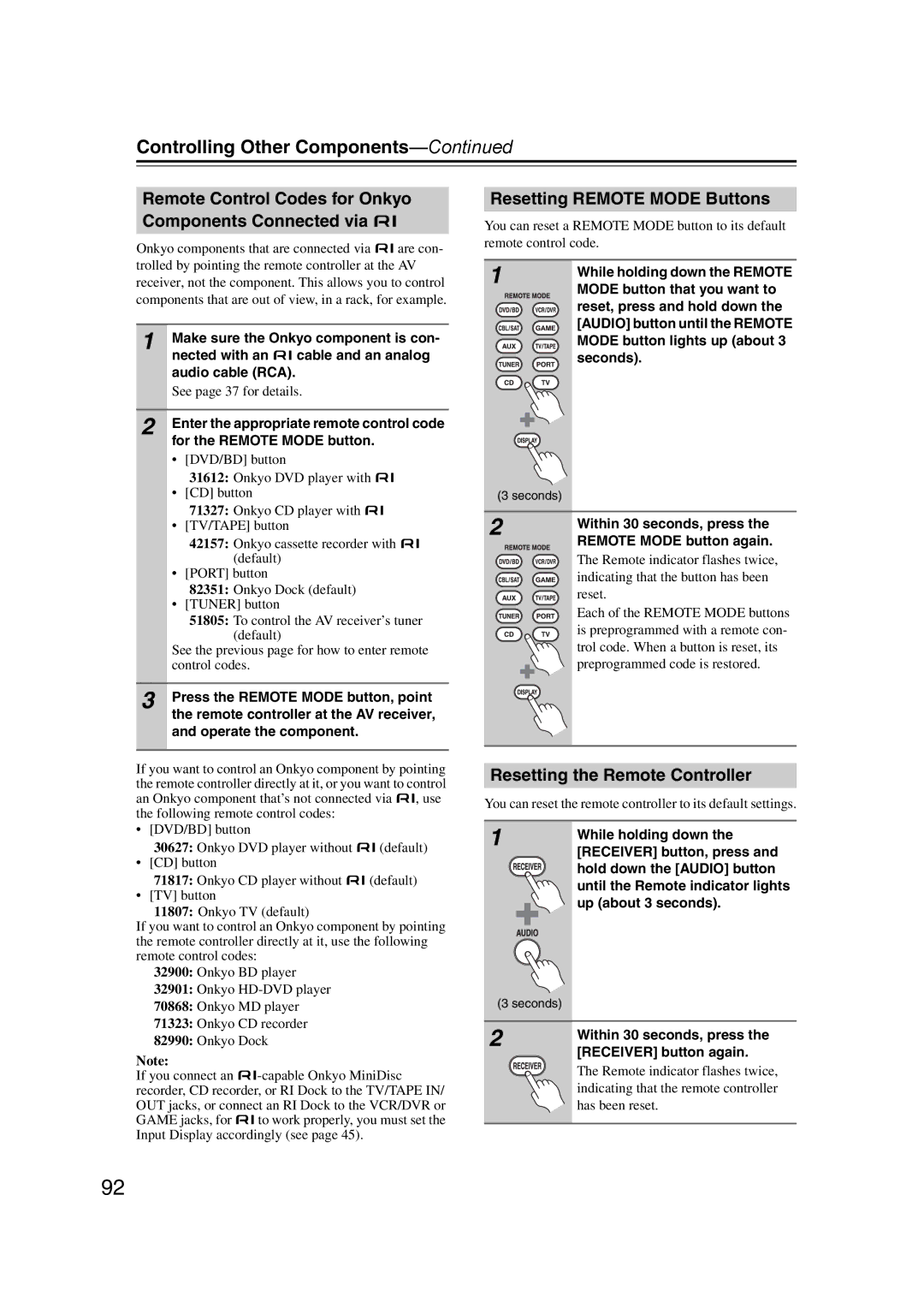 Onkyo SR607 instruction manual Remote Control Codes for Onkyo Components Connected via u, Resetting Remote Mode Buttons 