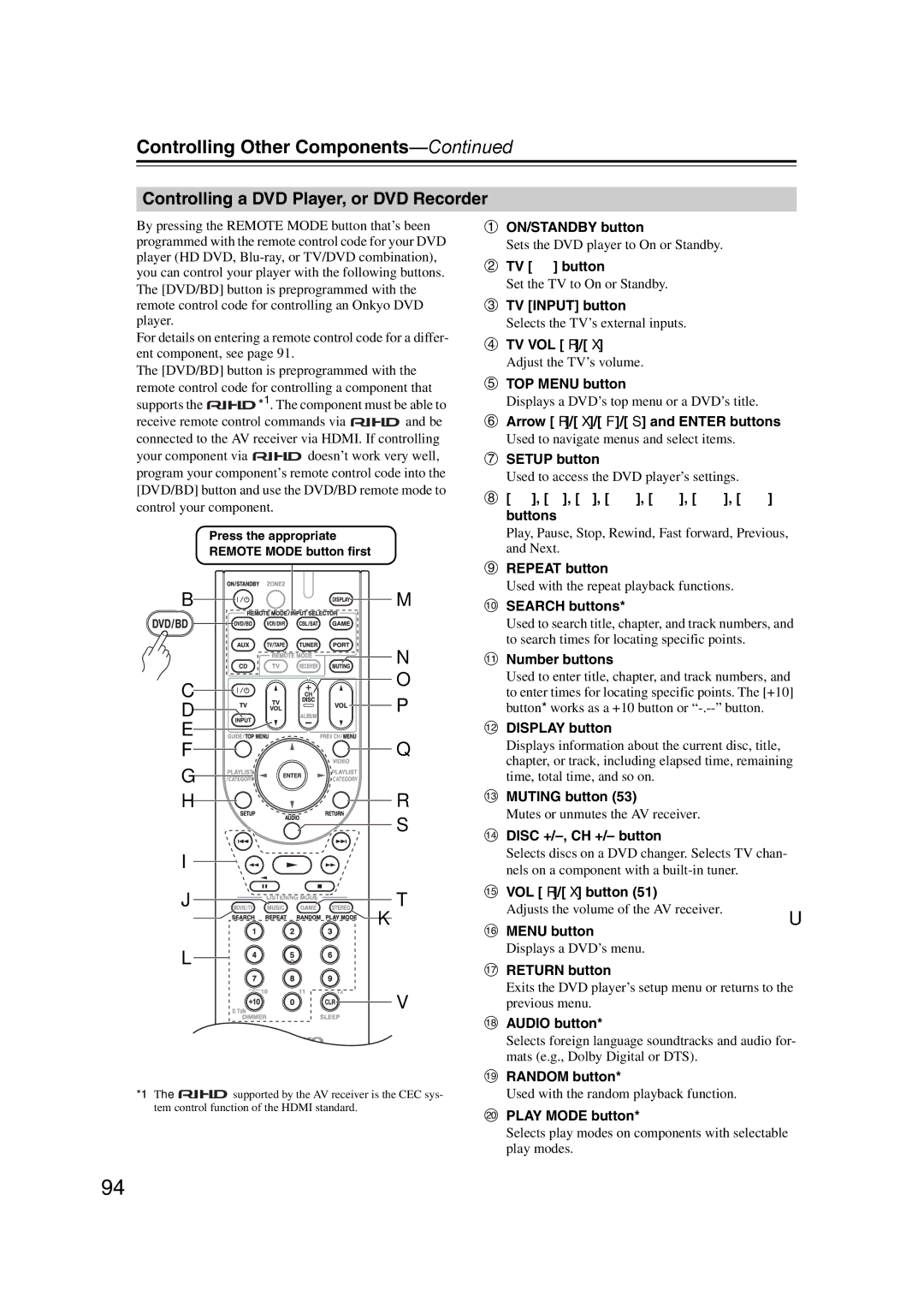 Onkyo SR607 instruction manual Controlling a DVD Player, or DVD Recorder 