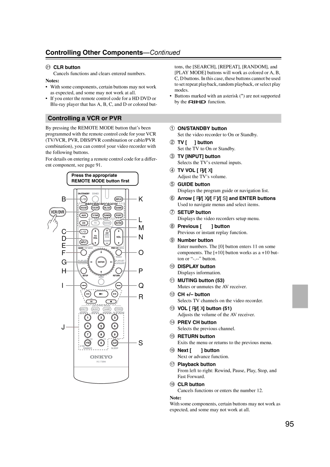 Onkyo SR607 instruction manual Controlling a VCR or PVR, Number button, Playback button 