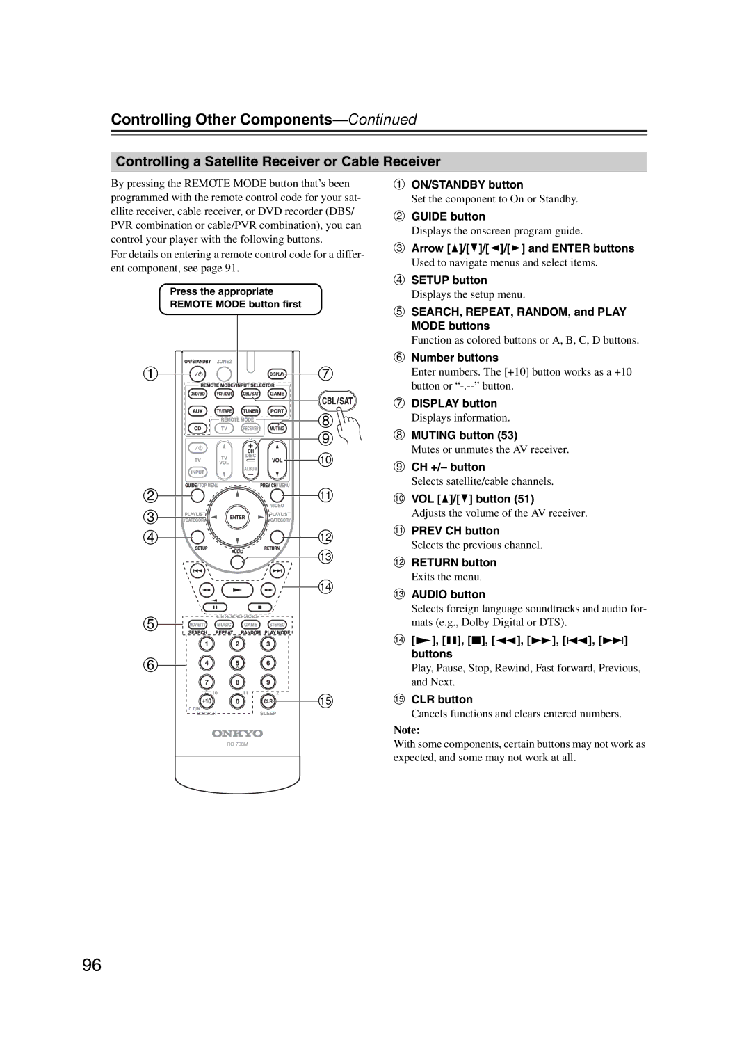 Onkyo SR607 instruction manual Controlling a Satellite Receiver or Cable Receiver, Press the appropriate 