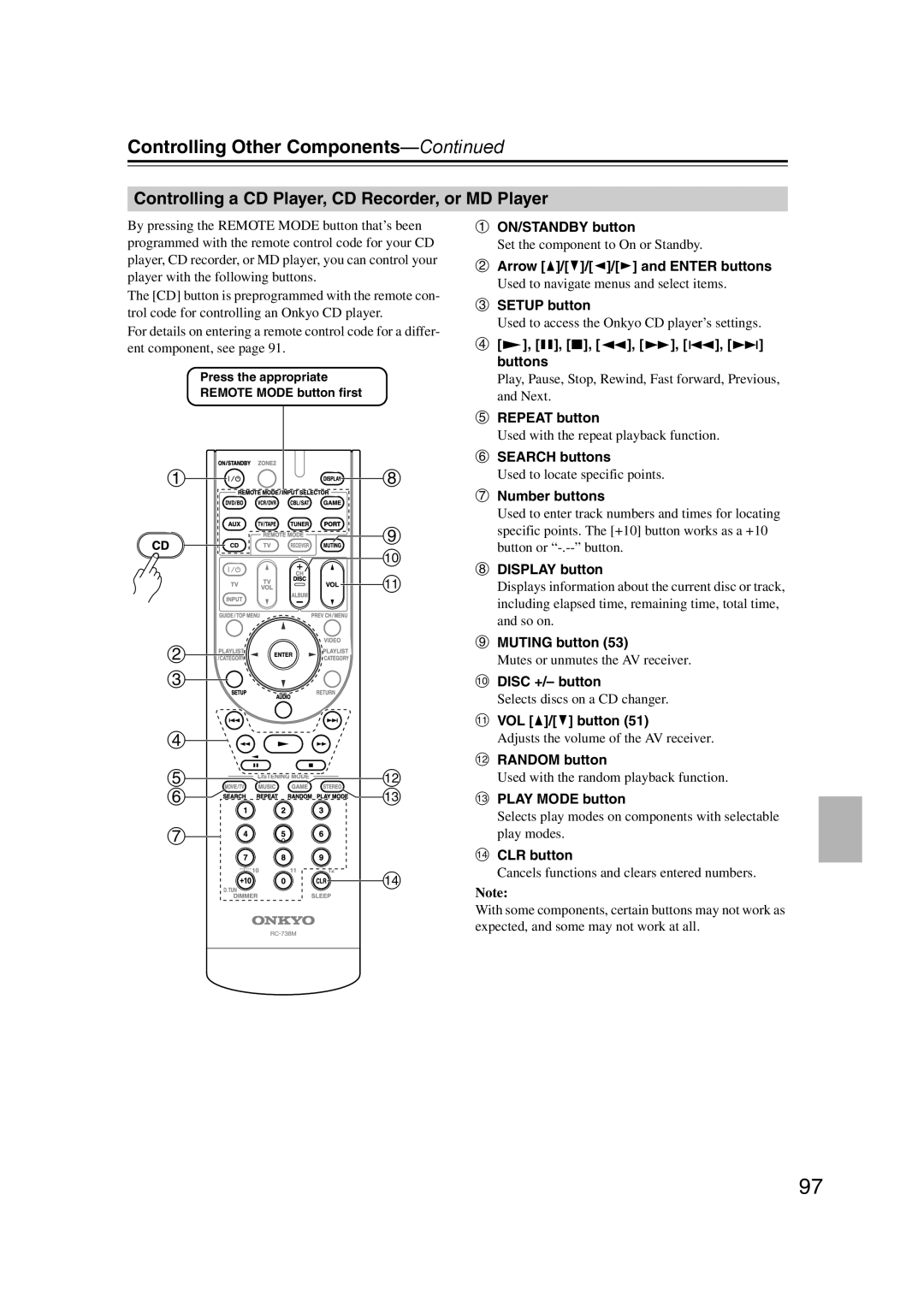 Onkyo SR607 instruction manual Controlling a CD Player, CD Recorder, or MD Player, Disc +/- button 