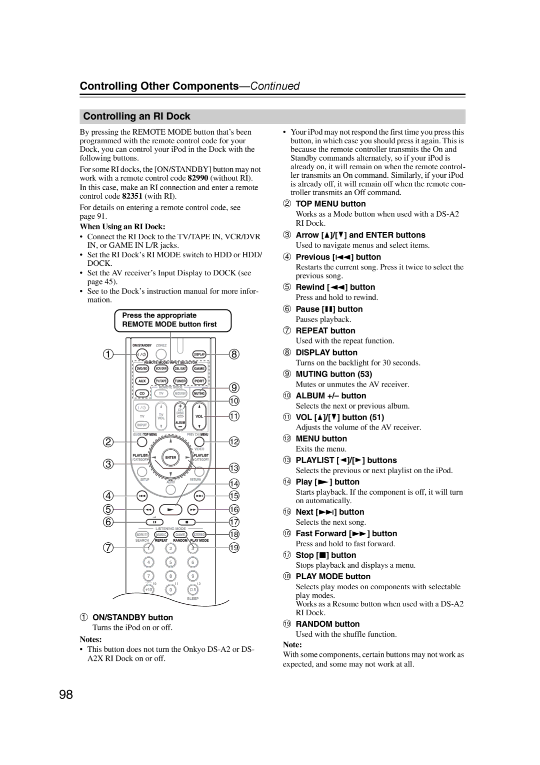 Onkyo SR607 instruction manual Controlling an RI Dock, When Using an RI Dock 