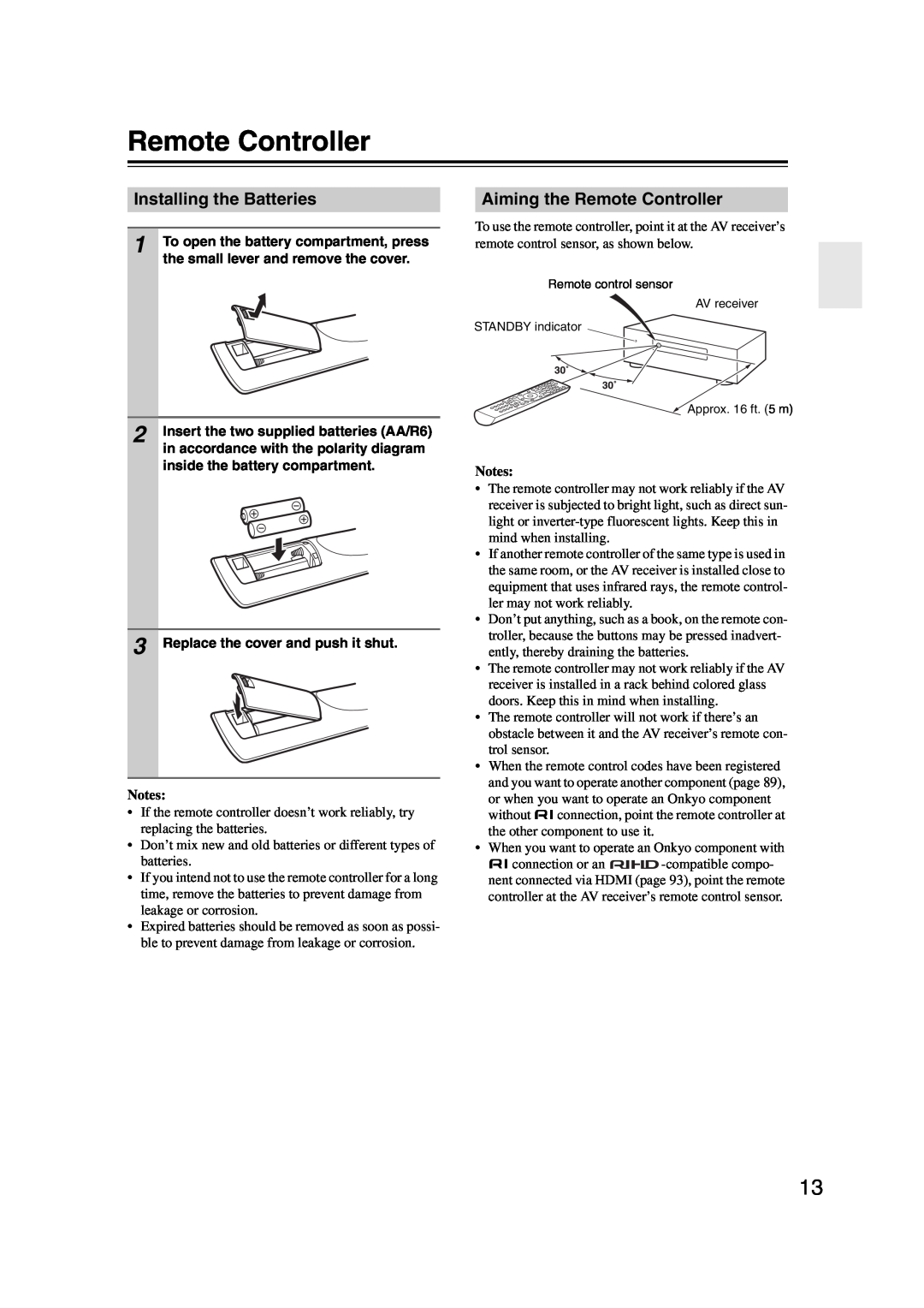Onkyo SR607 instruction manual Installing the Batteries, Aiming the Remote Controller, Notes 