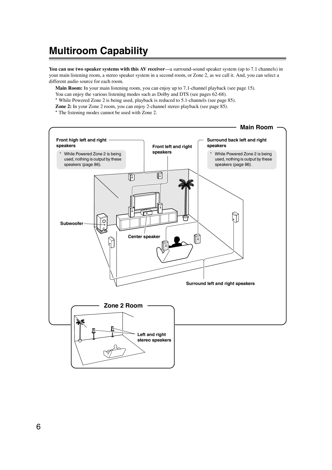 Onkyo SR607 instruction manual Multiroom Capability, Main Room, Zone 2 Room 