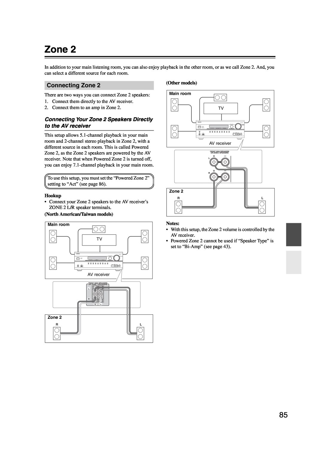 Onkyo SR607 instruction manual Connecting Zone, Hookup, North American/Taiwan models, Other models, Notes 