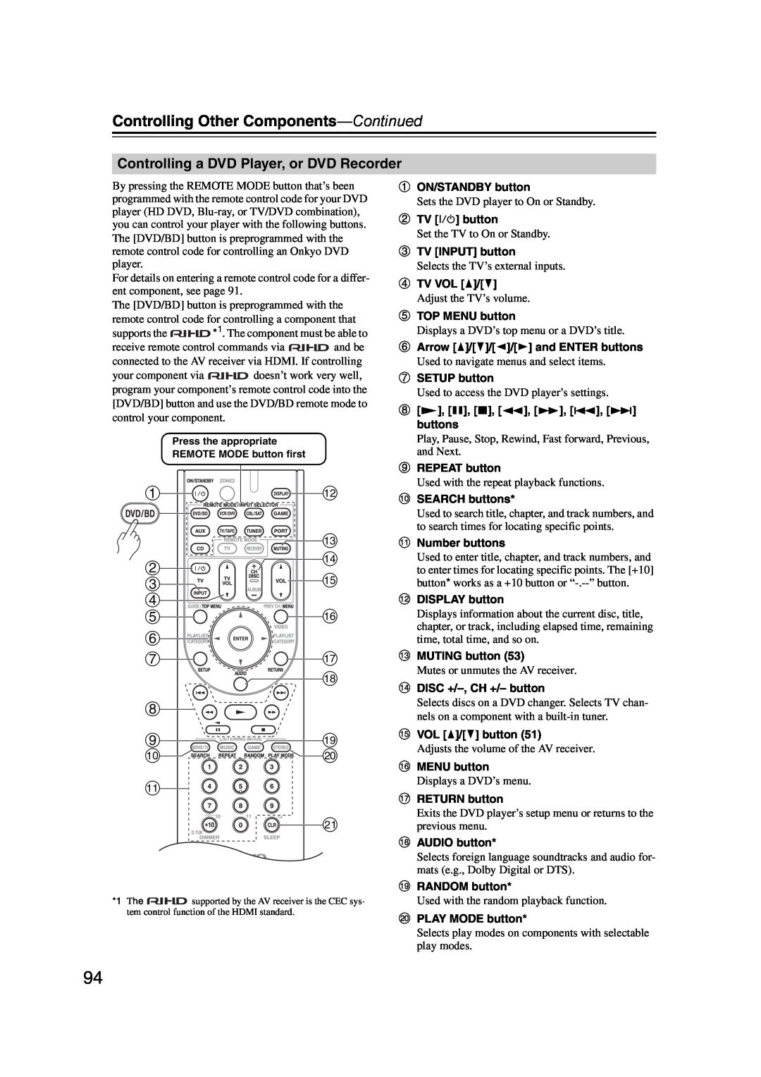 Onkyo SR607 instruction manual Controlling Other Components—Continued 