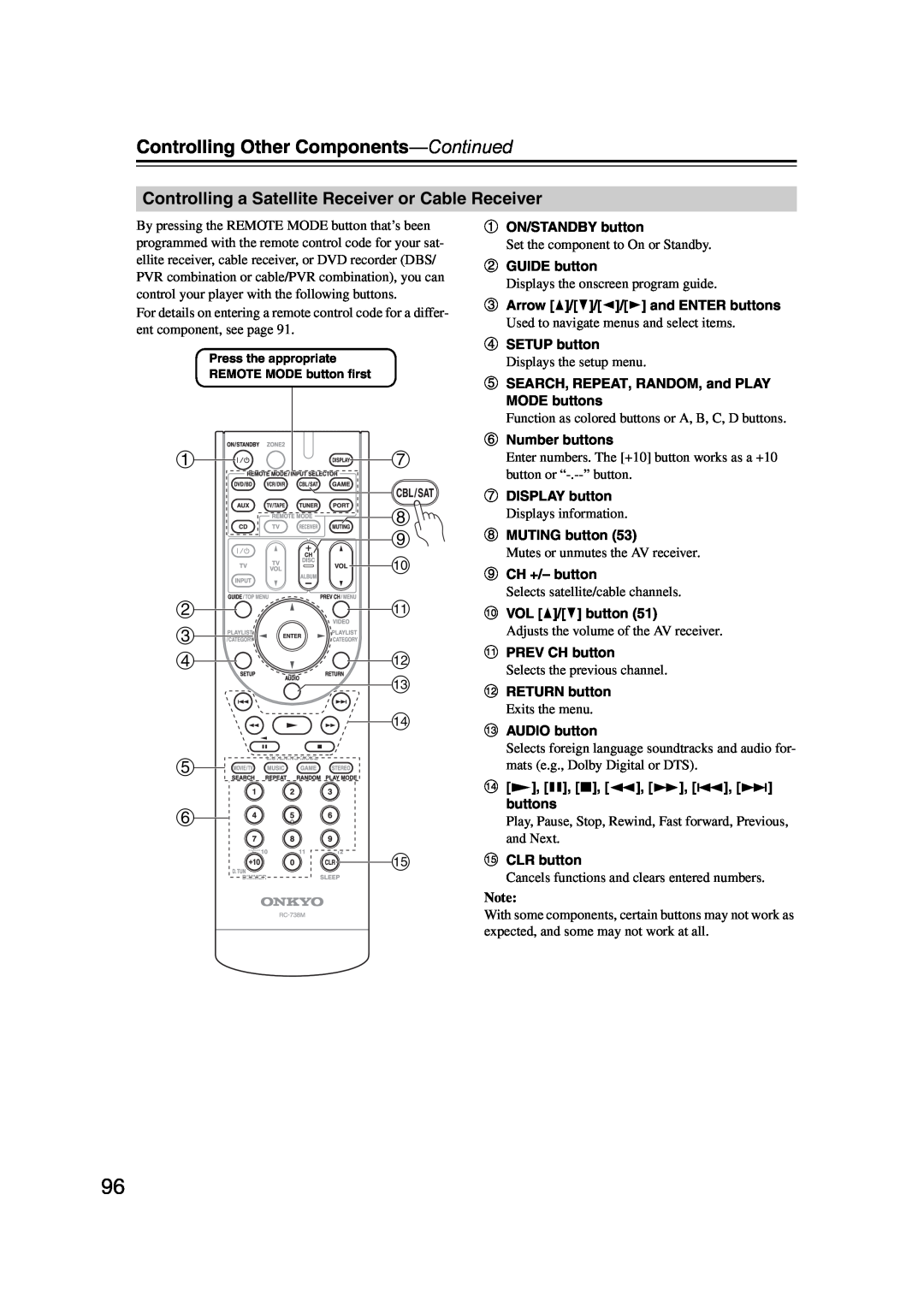 Onkyo SR607 instruction manual Controlling Other Components—Continued, aON/STANDBY button 