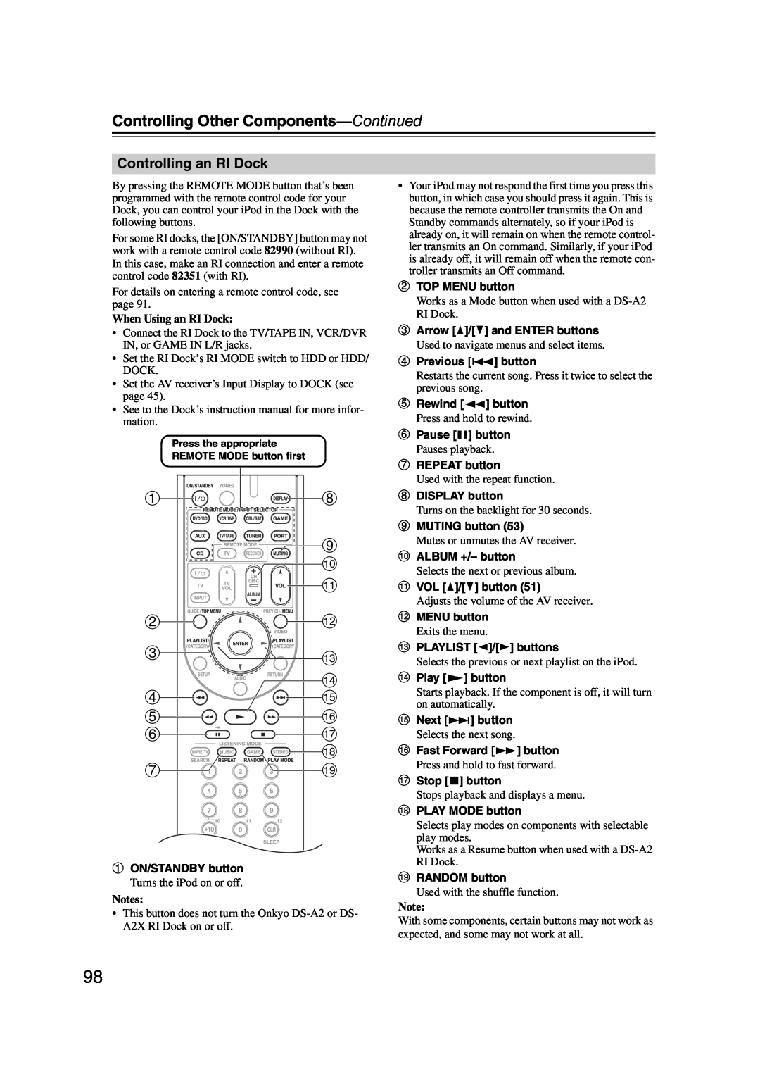 Onkyo SR607 instruction manual Controlling an RI Dock, Controlling Other Components—Continued 