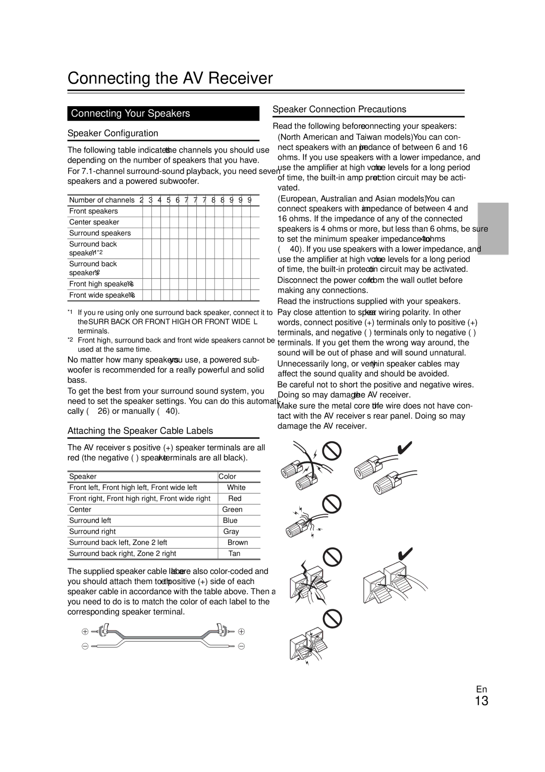 Onkyo SR608 Connecting the AV Receiver, Connecting Your Speakers, Speaker Configuration, Speaker Connection Precautions 