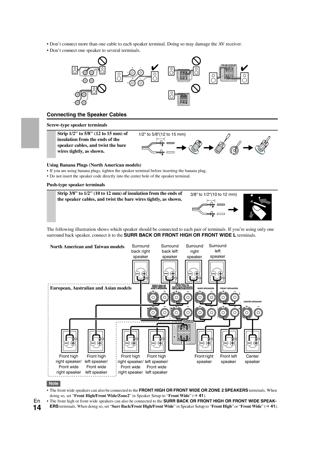 Onkyo SR608 instruction manual Connecting the Speaker Cables, Screw-type speaker terminals Strip 1/2 to 5/8 12 to 15 mm 