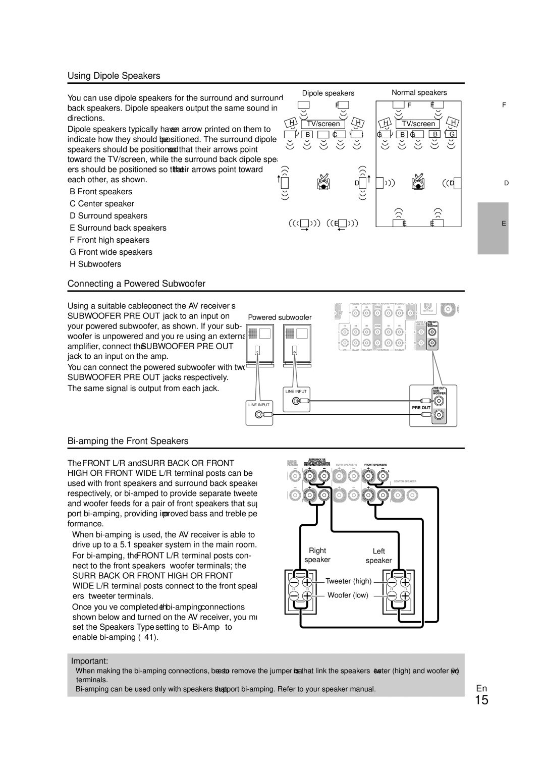 Onkyo SR608 instruction manual Using Dipole Speakers, Connecting a Powered Subwoofer, Bi-amping the Front Speakers 