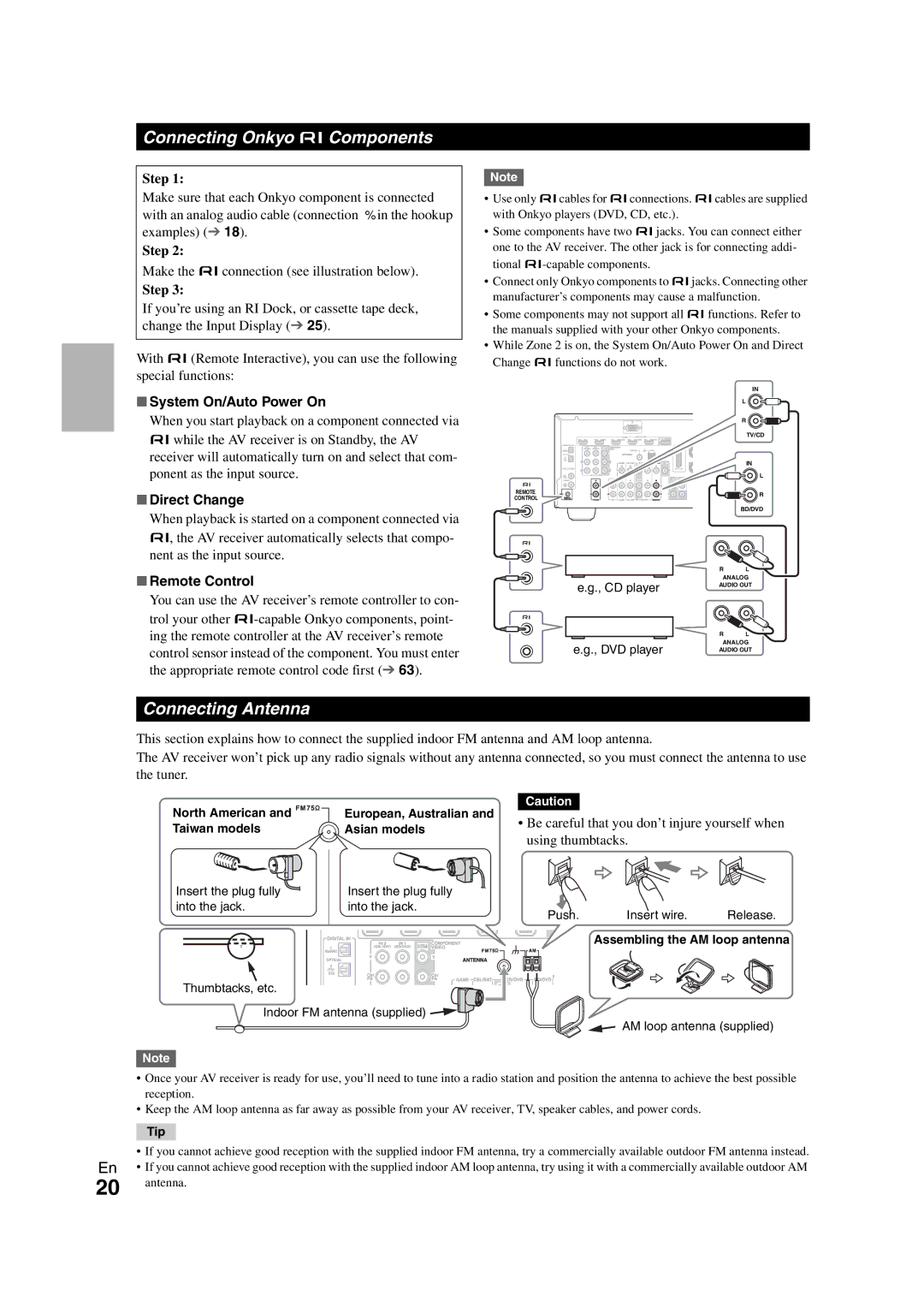 Onkyo SR608 Connecting Onkyo uComponents, Connecting Antenna, System On/Auto Power On, Direct Change, Remote Control 