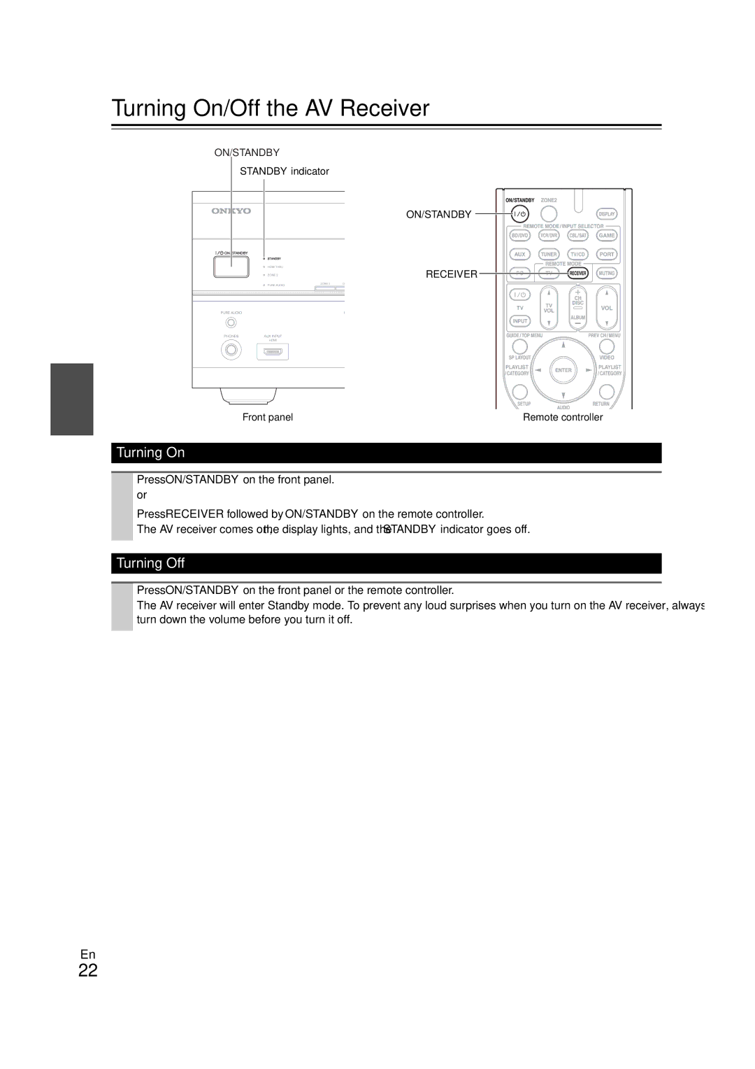 Onkyo SR608 instruction manual Turning On/Off the AV Receiver, Turning Off 