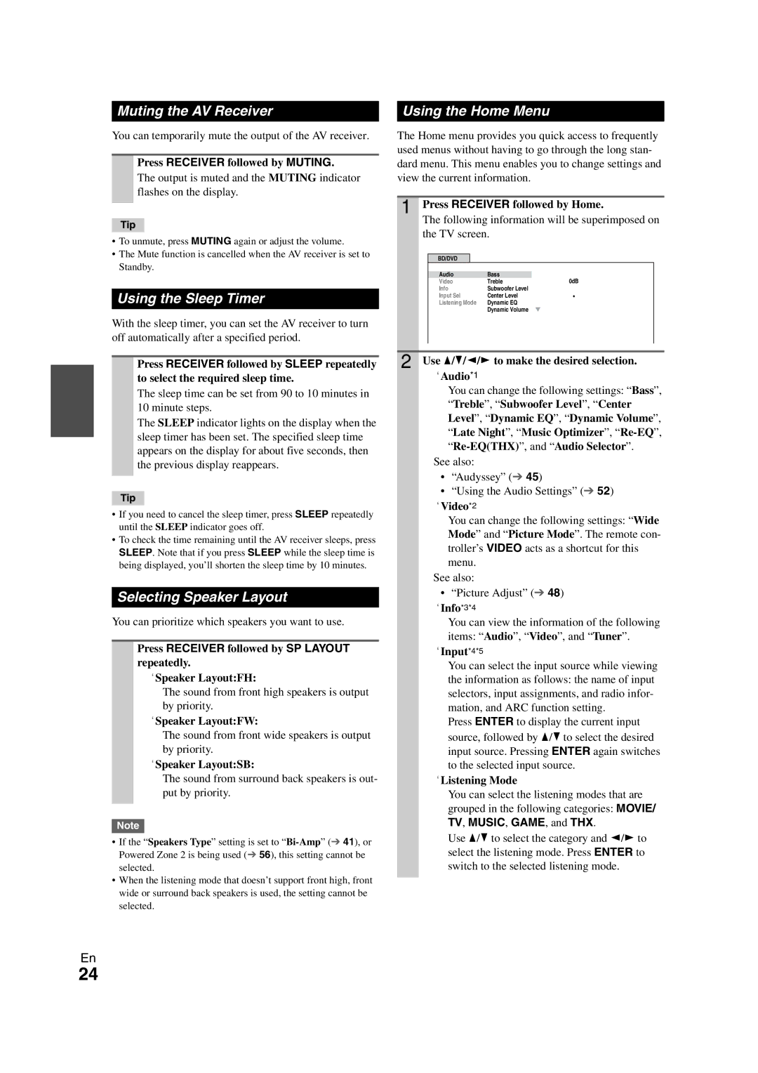 Onkyo SR608 instruction manual Muting the AV Receiver Using the Home Menu, Using the Sleep Timer, Selecting Speaker Layout 