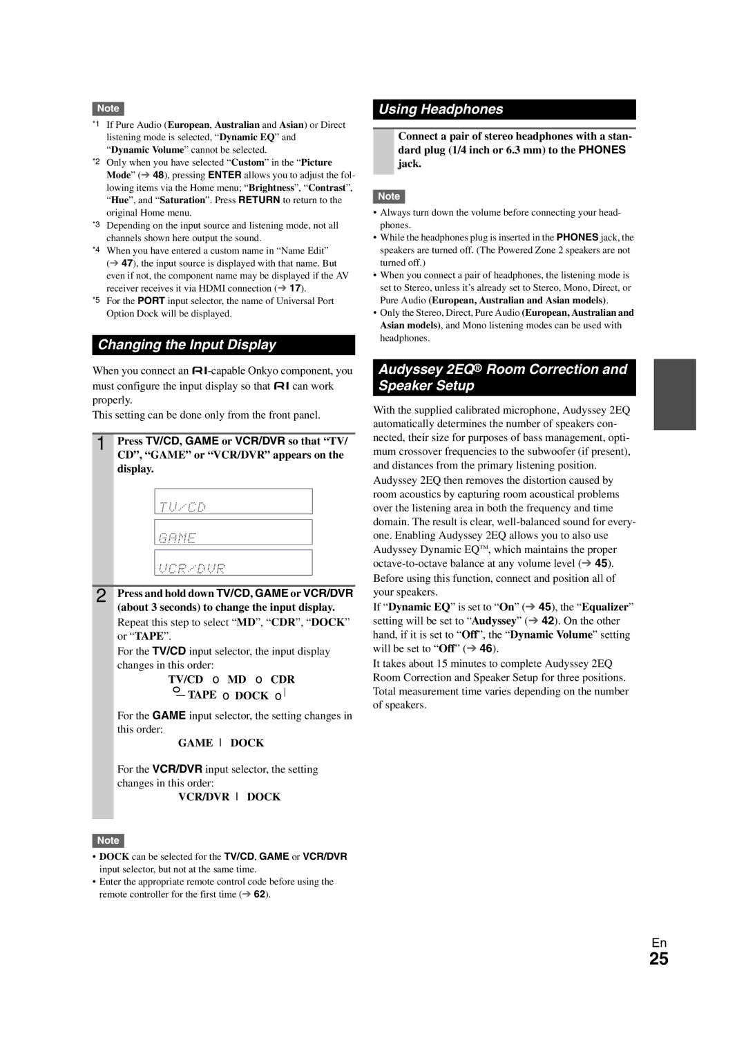 Onkyo SR608 instruction manual Changing the Input Display, Using Headphones, Audyssey 2EQ Room Correction and Speaker Setup 