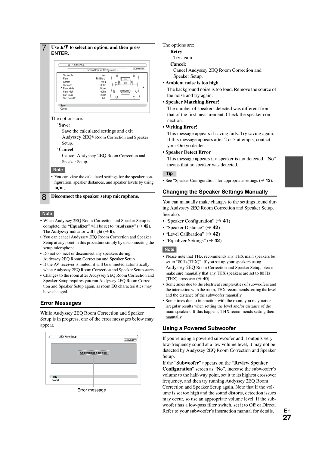 Onkyo SR608 instruction manual Error Messages, Changing the Speaker Settings Manually, Using a Powered Subwoofer 