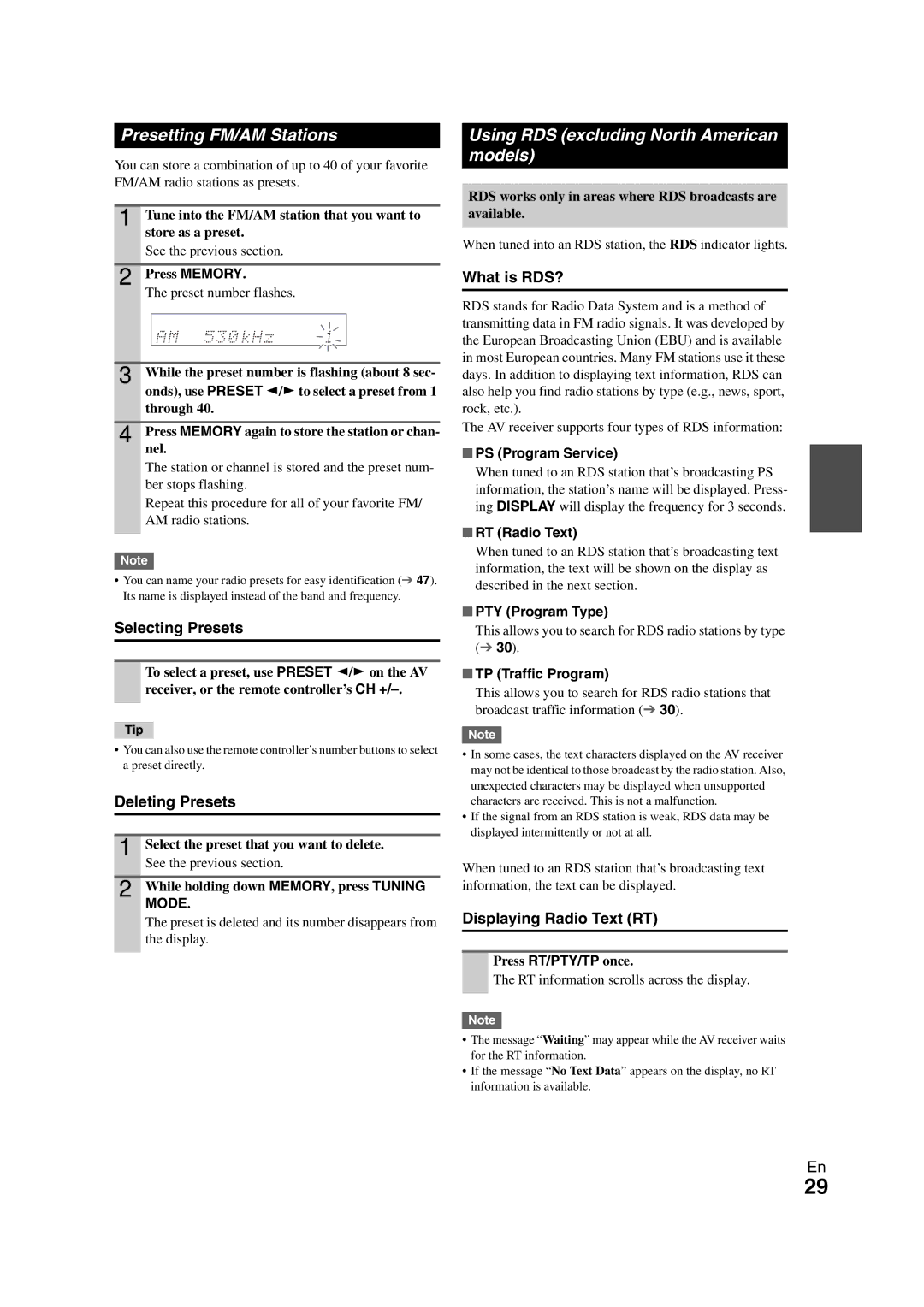 Onkyo SR608 instruction manual Presetting FM/AM Stations, Using RDS excluding North American models 