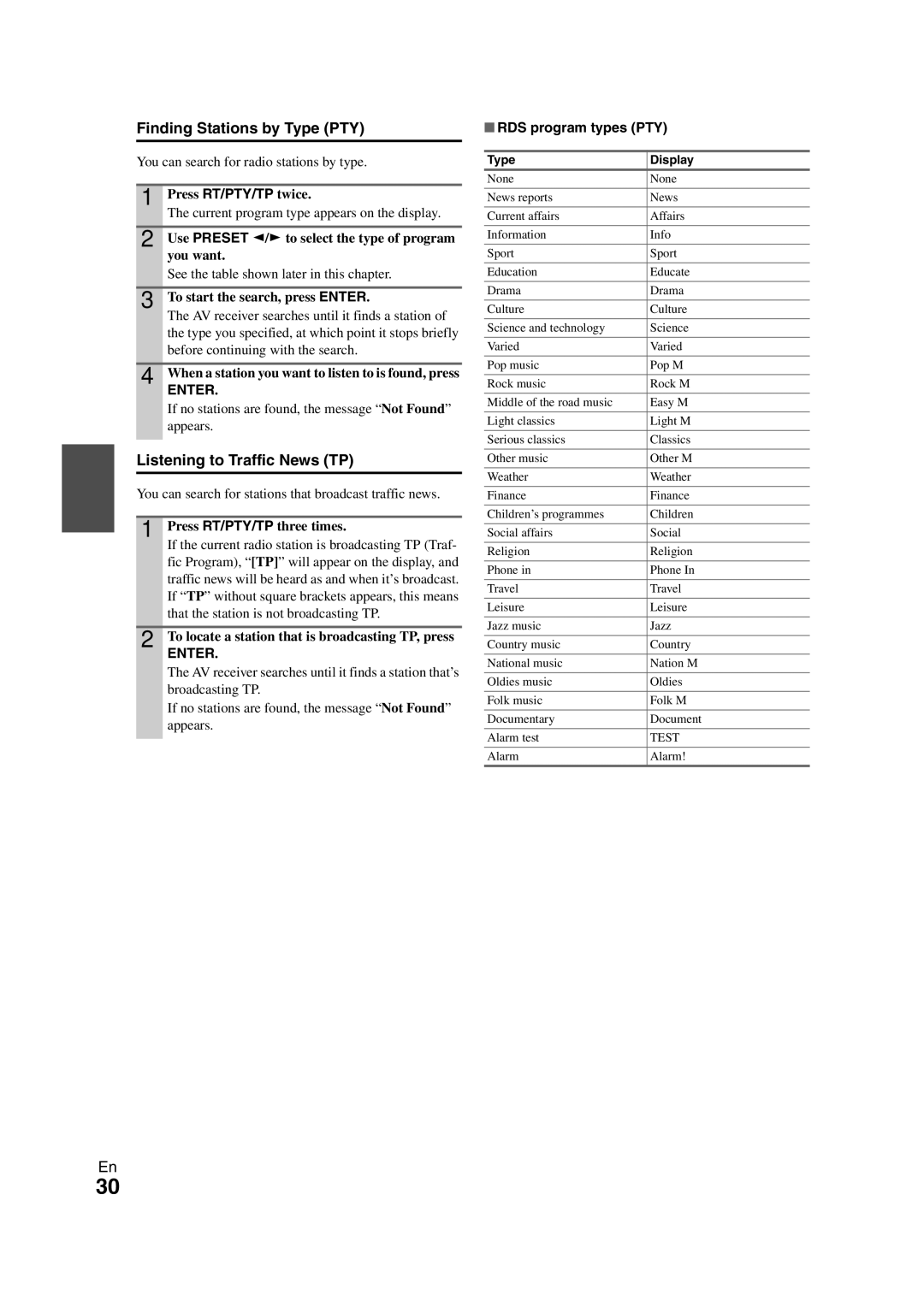 Onkyo SR608 instruction manual Finding Stations by Type PTY, Listening to Traffic News TP, RDS program types PTY 