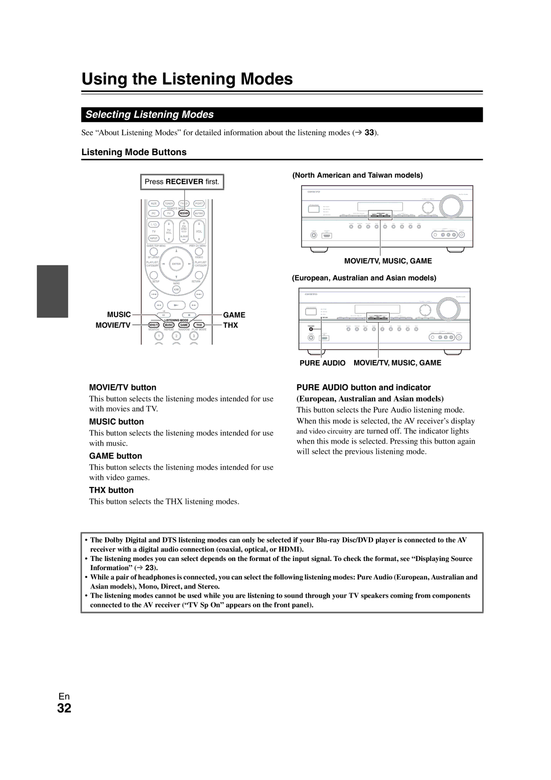 Onkyo SR608 instruction manual Using the Listening Modes, Selecting Listening Modes, Listening Mode Buttons 