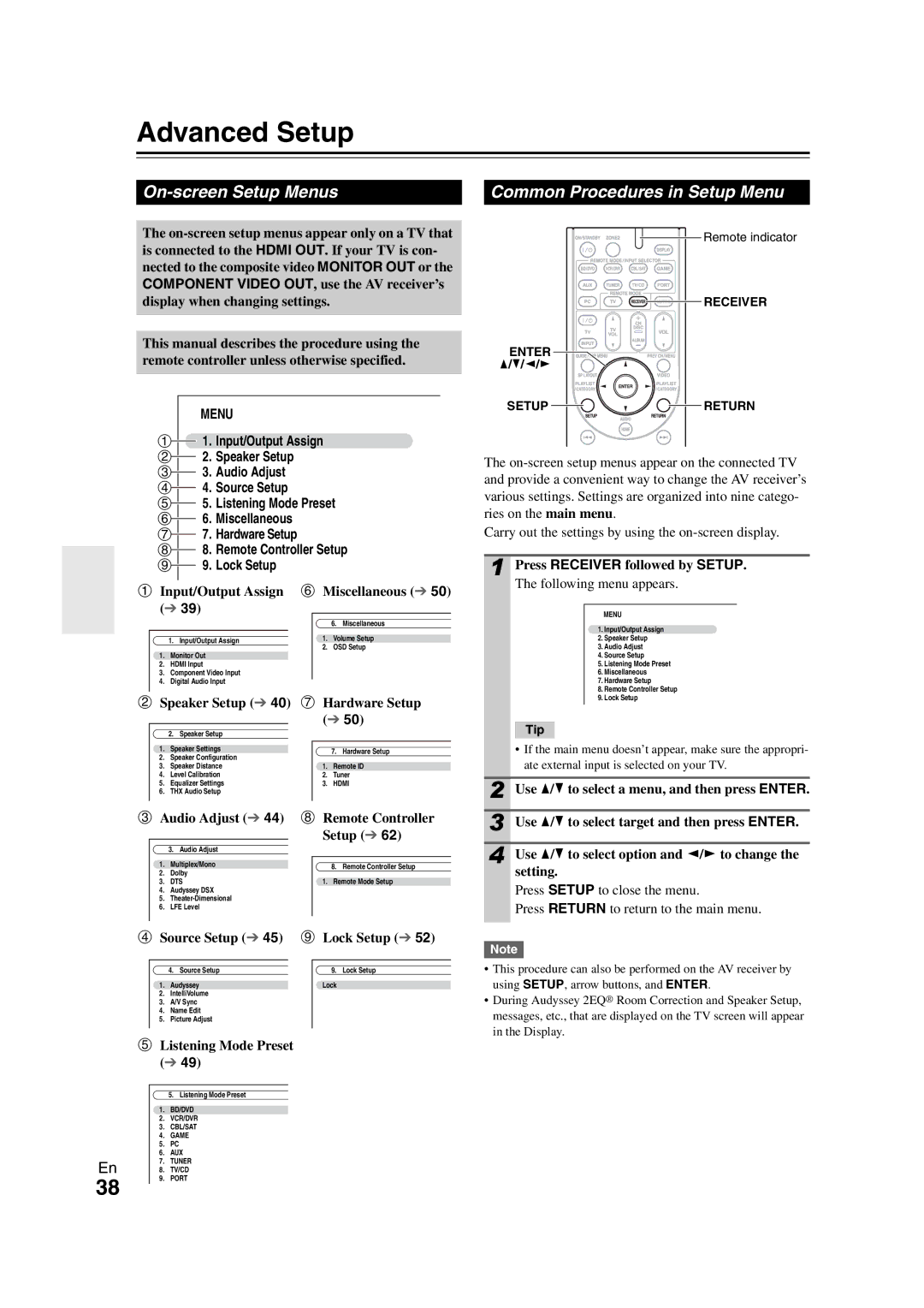 Onkyo SR608 instruction manual Advanced Setup, On-screen Setup Menus, Common Procedures in Setup Menu 