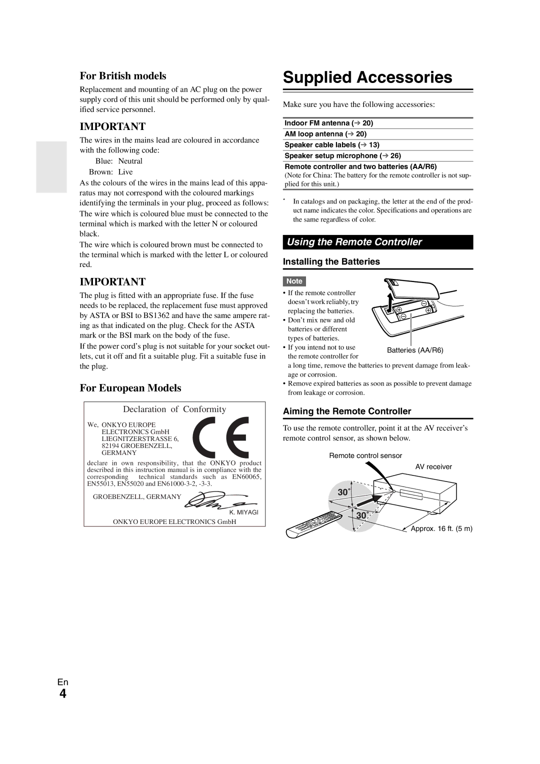 Onkyo SR608 Supplied Accessories, Using the Remote Controller, Installing the Batteries, Aiming the Remote Controller 