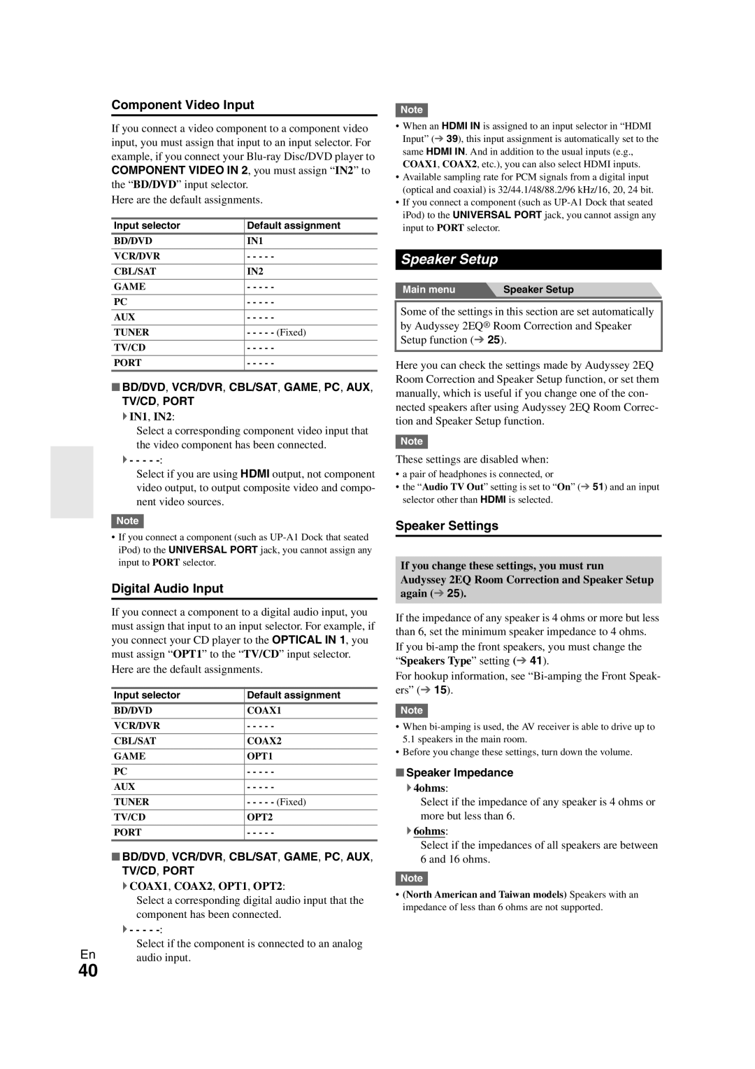 Onkyo SR608 instruction manual Speaker Setup, Component Video Input, Digital Audio Input, Speaker Settings 