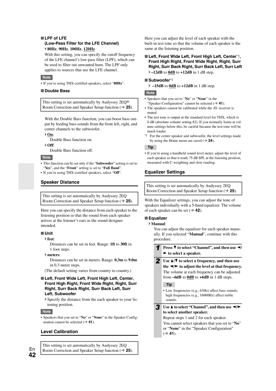 Onkyo SR608 instruction manual Speaker Distance, Level Calibration, Equalizer Settings 