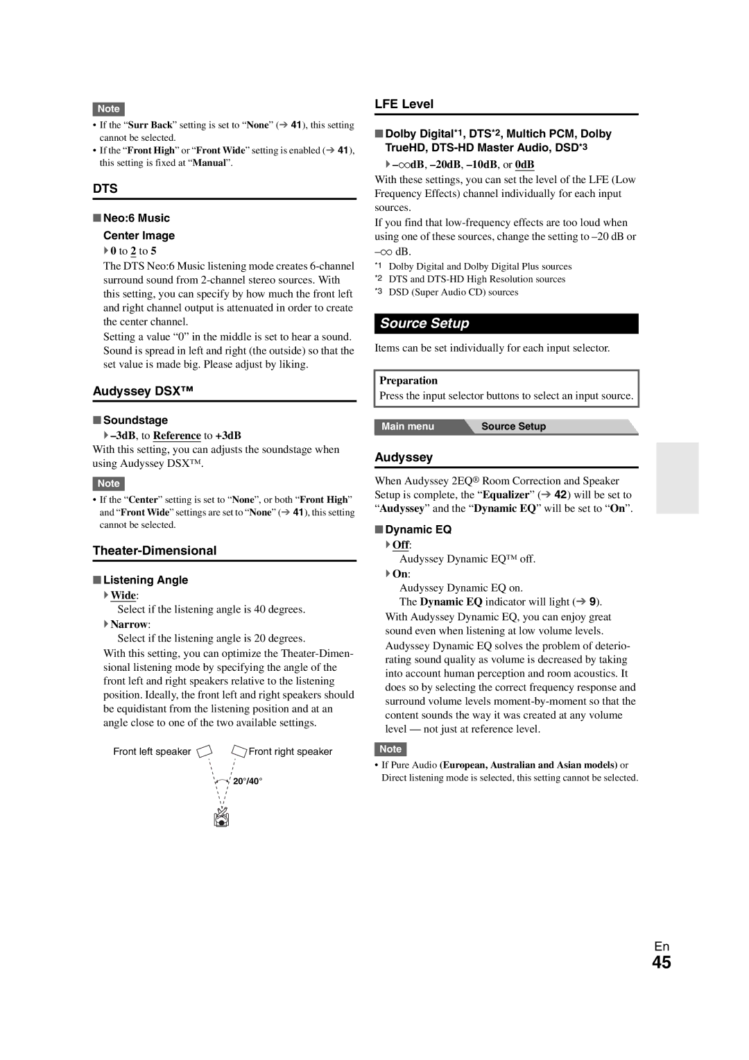 Onkyo SR608 instruction manual Source Setup, Audyssey DSX, Theater-Dimensional, LFE Level 