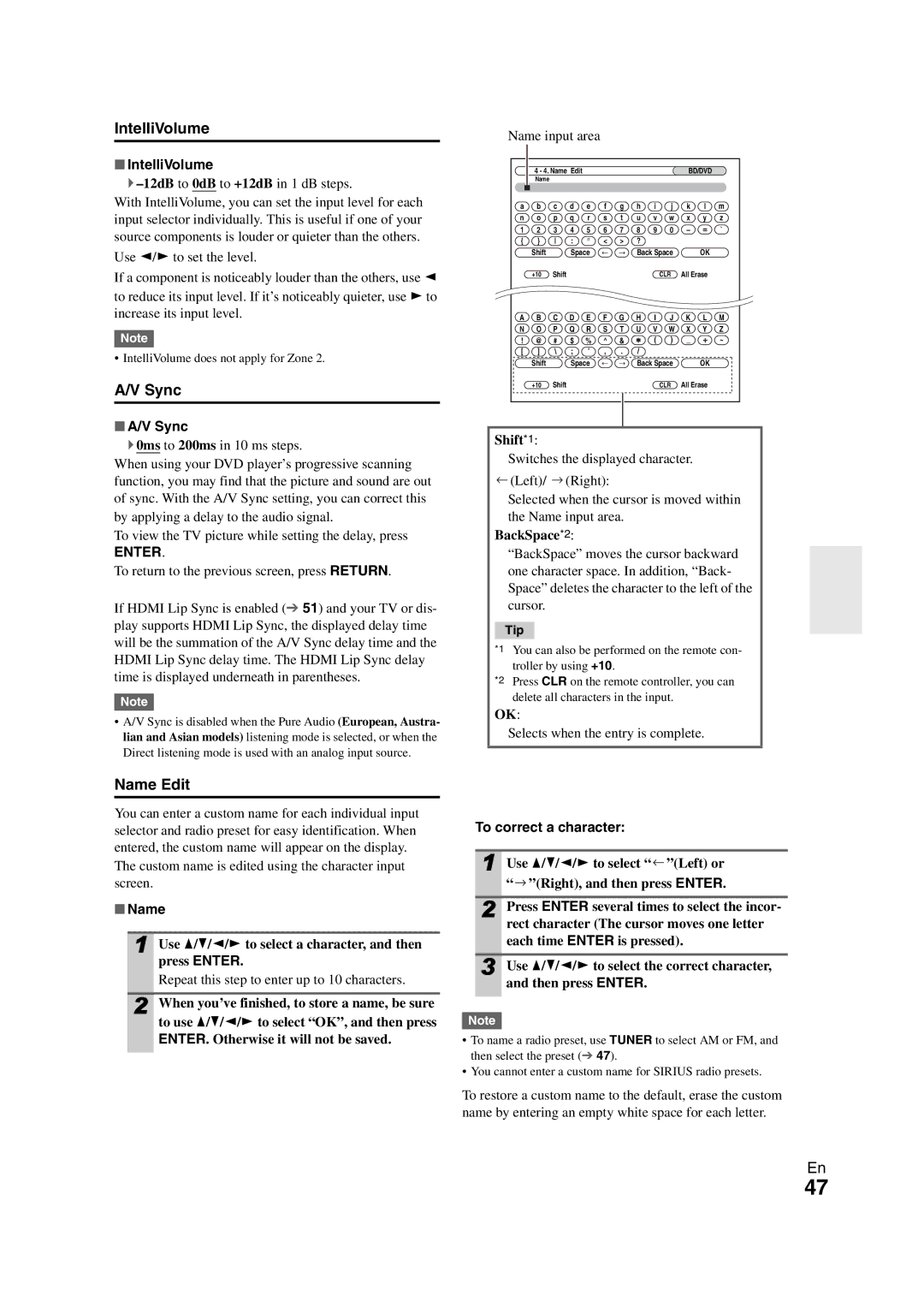 Onkyo SR608 instruction manual IntelliVolume, Sync, Name Edit 