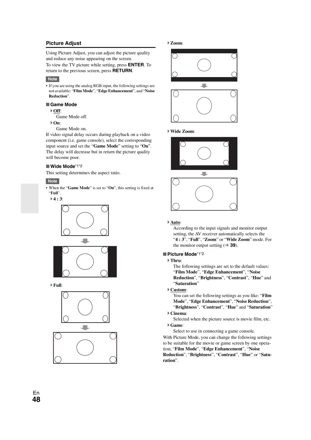 Onkyo SR608 instruction manual Game Mode, Wide Mode*1*2, Picture Mode*1*2 